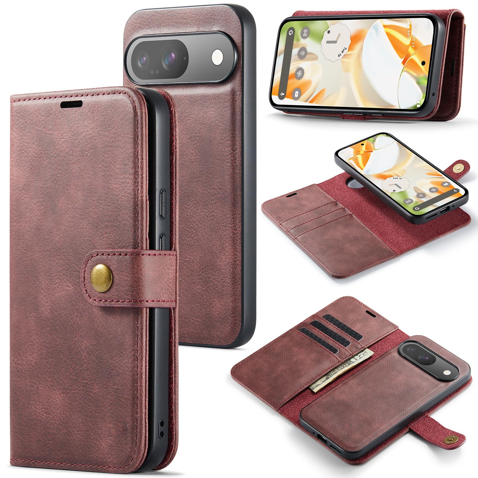 Asuwish Phone Case for Google Pixel 9/9 Pro 5G Wallet Magnetic Detachable Cell Cover with Tempered Glass Screen Protector Flip Card Holder Slot Pixel9