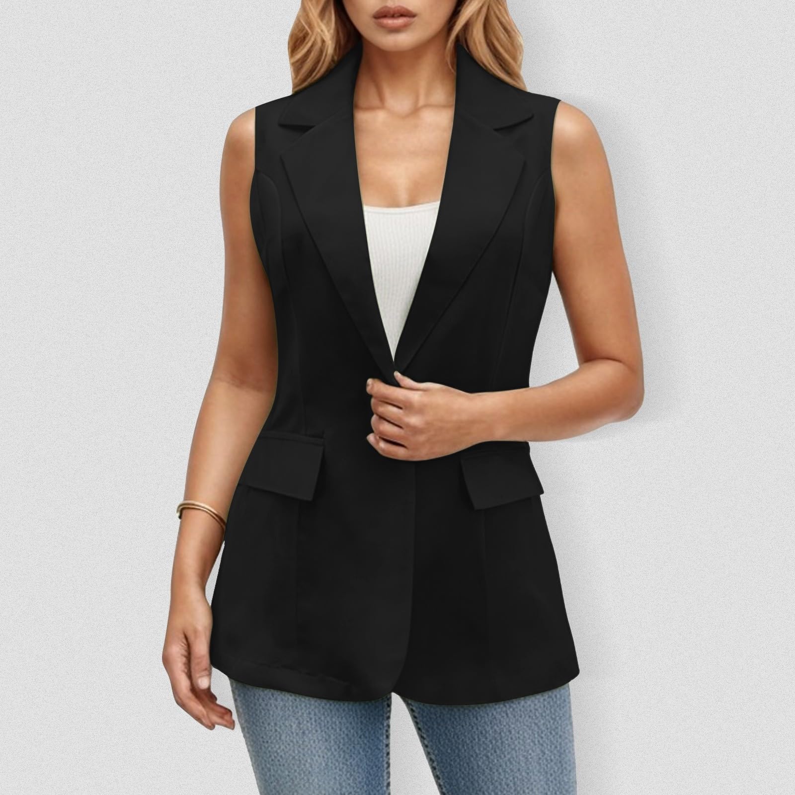Fulidngzg Blazer Donna Senza Maniche con Apertura Frontale e Colletto, Tasche Smanicato Casual Leggero Cardigan Elegante Gilet Comode per Lavoro Case Cerimonia
