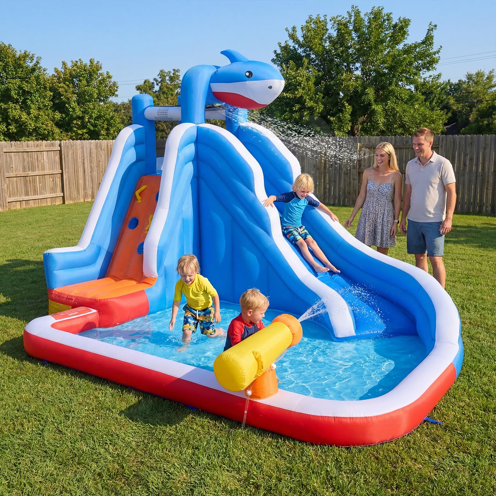 COSTWAY Hüpfburg mit Wasserrutsche, Kletterwand, Wasserkanone & Planschbecken, Wasserhüpfburg für Kinder, Wasserpark für Außenbereich, 401 x 307 x 255 cm