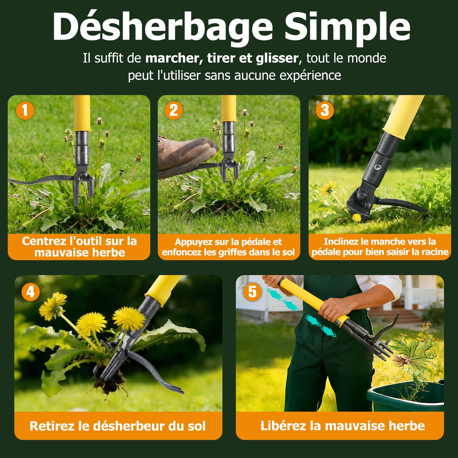 Désherbeur Manuel Extracteur de Mauvaises Herbes, Outil de Désherbage Debout 109 cm à Long Manche et Système d'Éjection, Arrache-Racines 4 Griffes, Cadeau Jardinage