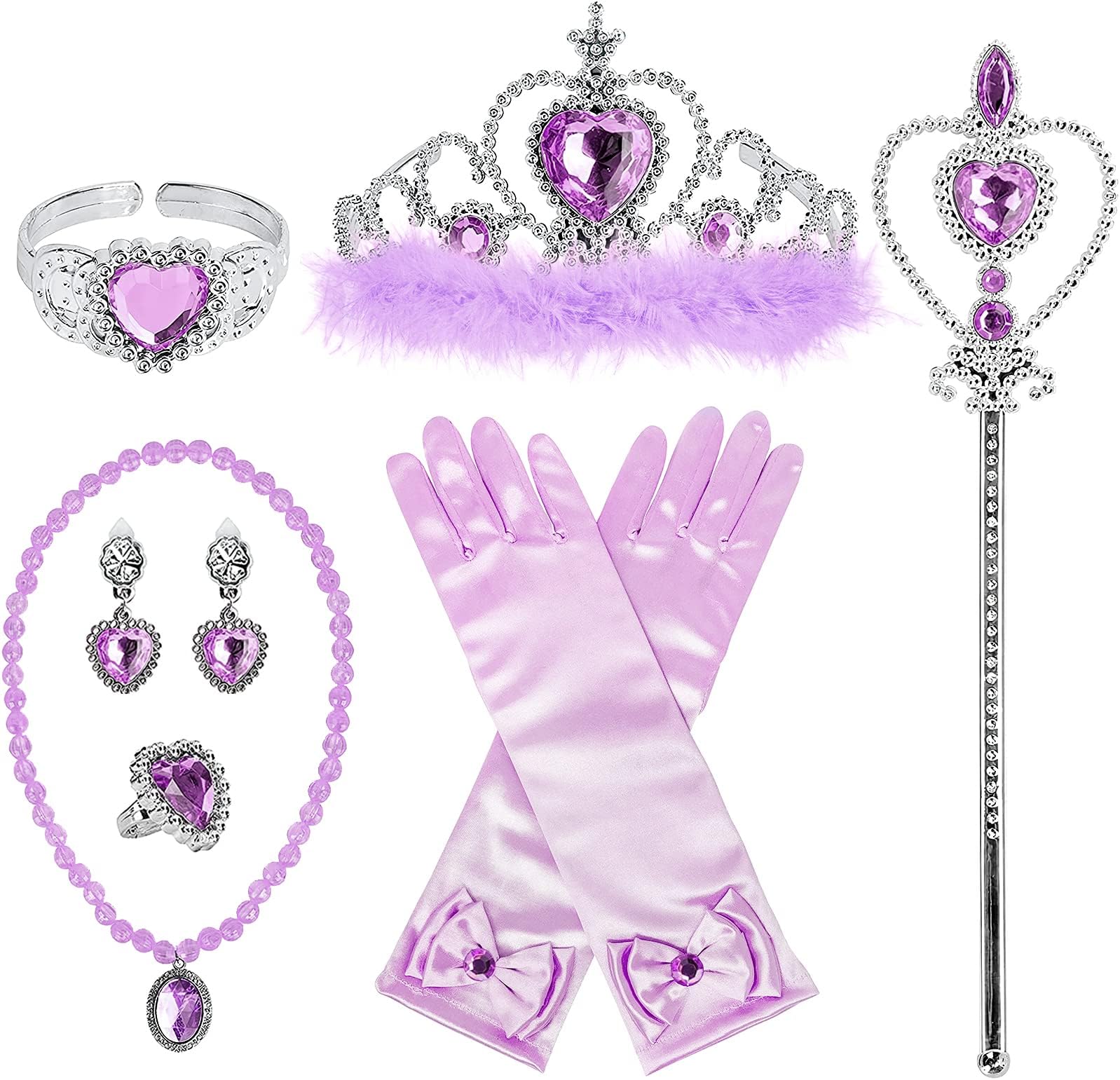 Princess Dress Up Accessories Princess Gloves, BIBUTY 7pcs Dress Up Set for Toddler Girls with Princess Crown, Wand, Gloves, Necklace, Earrings, Bracelet and Ring, Costume Toys for 3-6 yr Little Girls