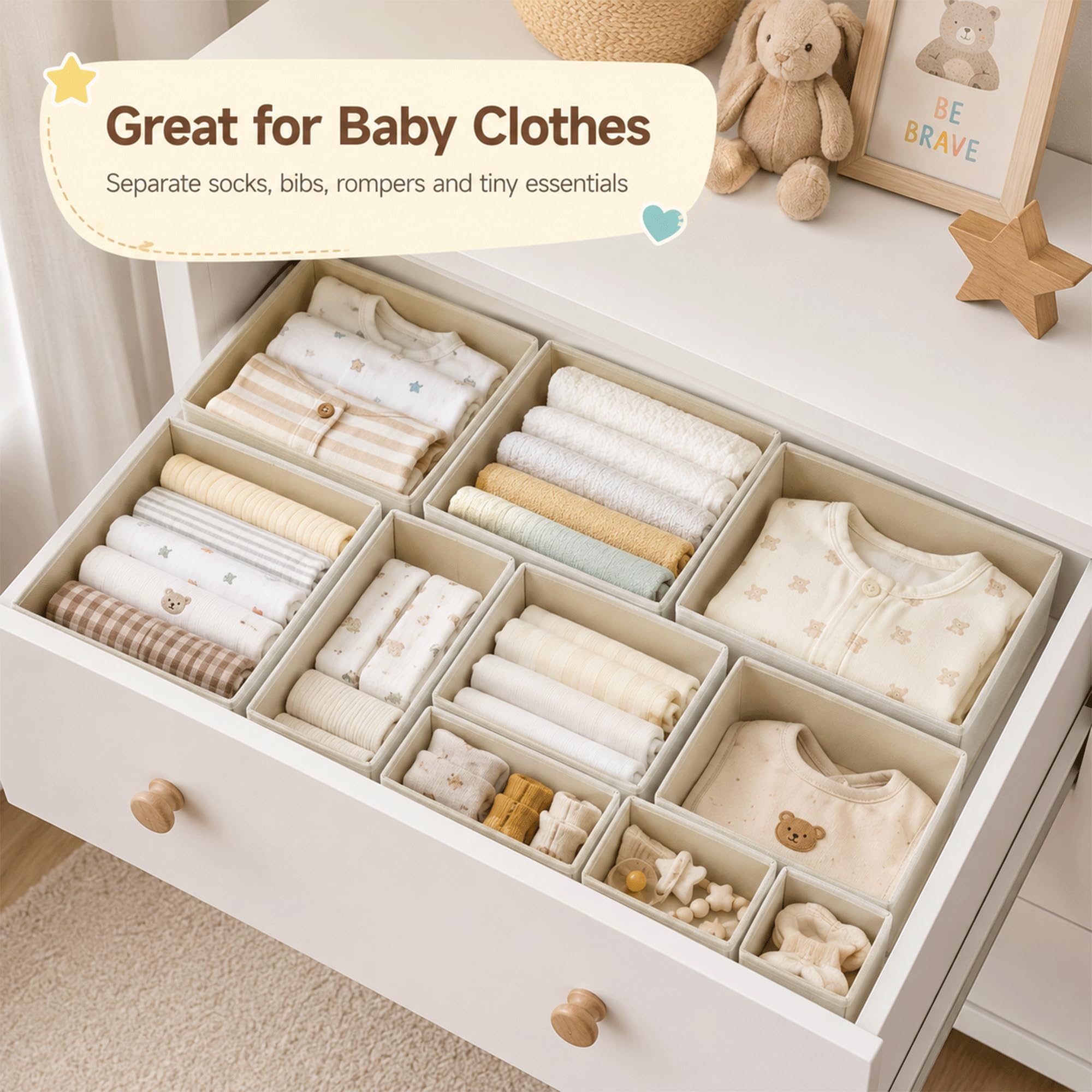 Set di 18 organizer per cassetti, divisori pieghevoli in tessuto per biancheria intima, calzini, reggiseni e vestiti per bambini, organizer salvaspazio per armadio e cassettiera, confezione da