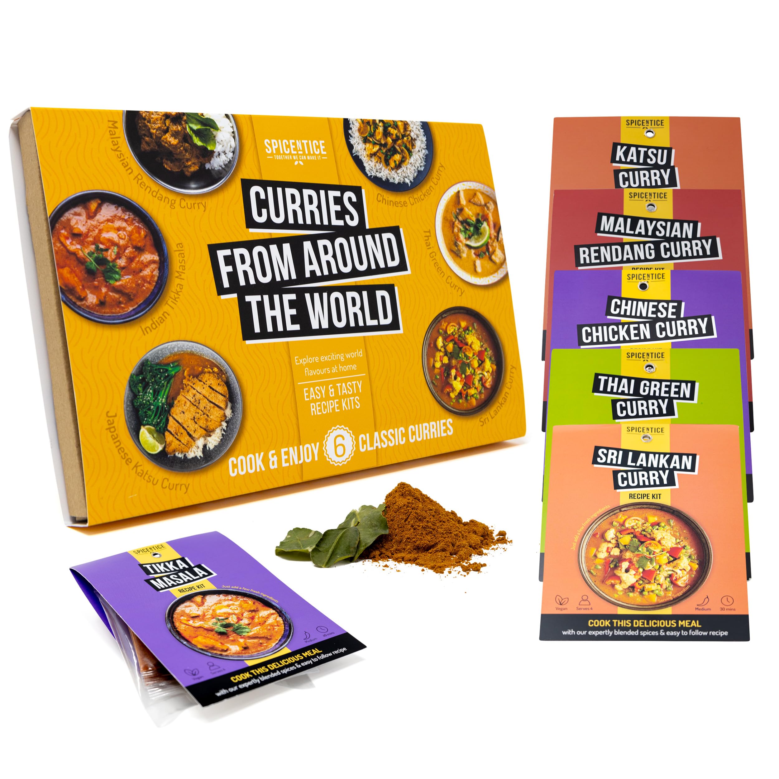 SPICENTICE World Curry Kit - Spice Gift Set with Easy-to-Follow Recipes - 6 x Authentic 100% Natural Spice Powder - Each Serves 4 - Mild & Medium Curry Spices - Food Cooking Gift for Men & Women