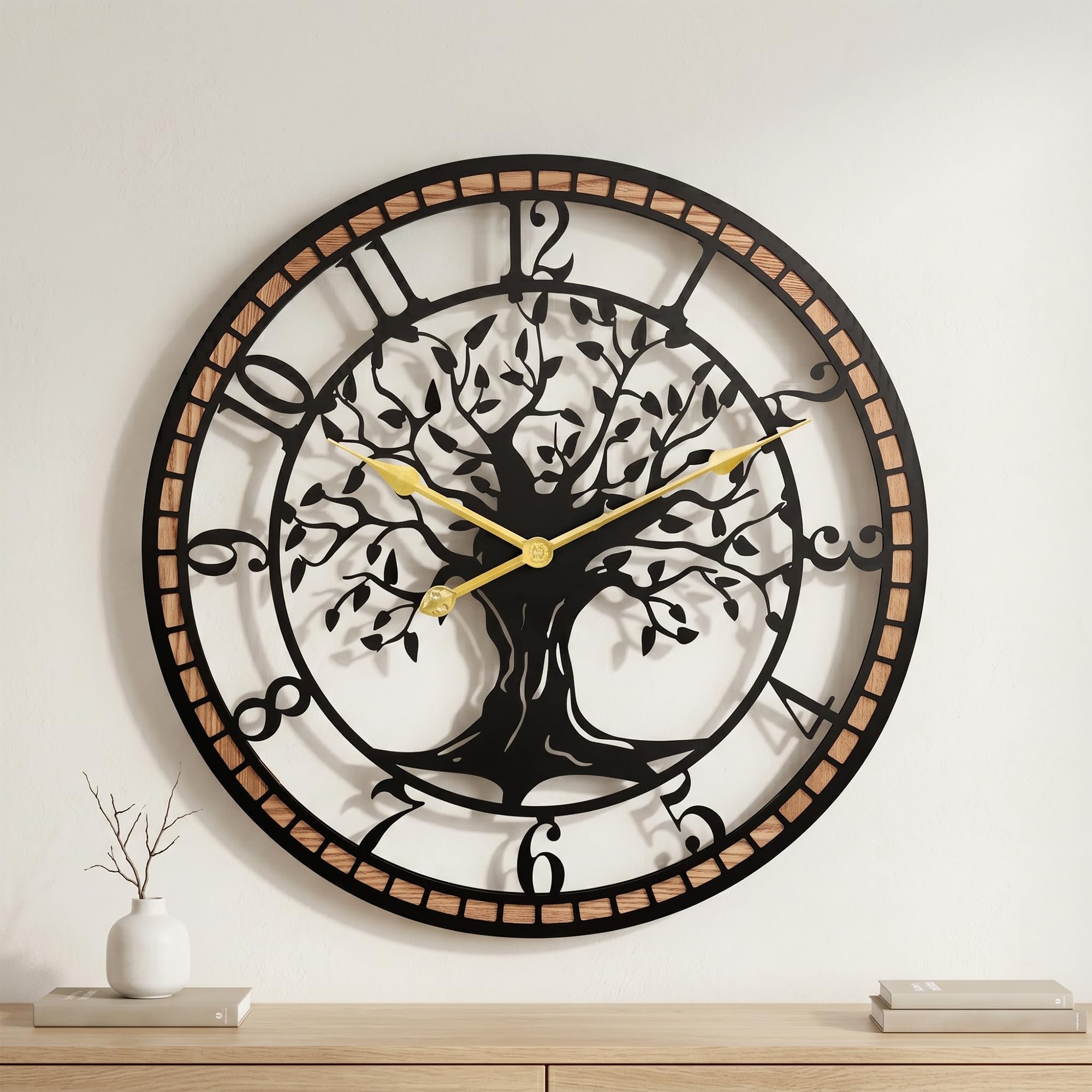 Horloge murale décorative de 40 cm en bois noble et cadre en métal