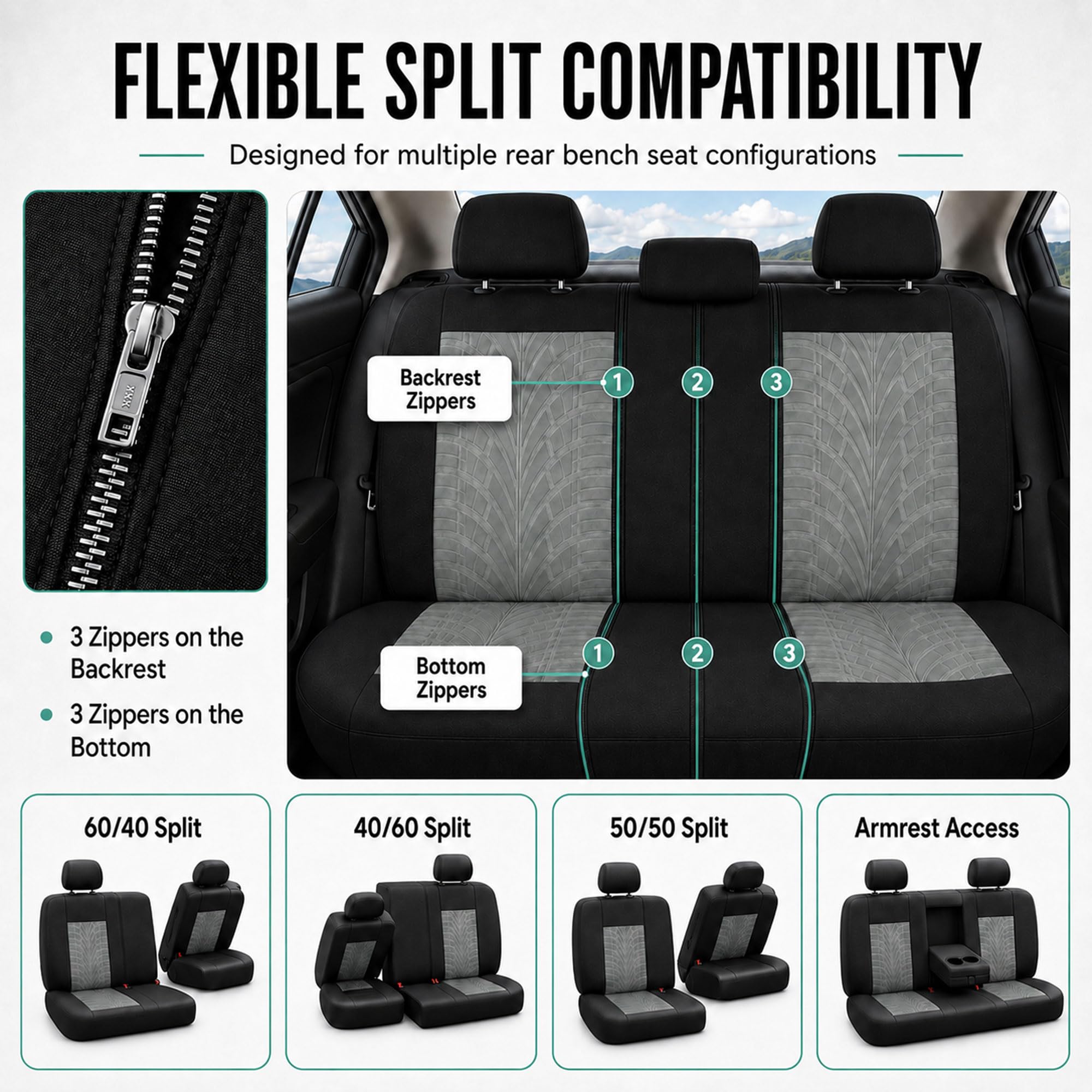 FH GROUP Juego Completo de Fundas de Asiento de automóvil, de Tela, Ajuste Universal, compatibles con Bolsa de Aire, Asiento Trasero Dividido, Lavables, para SUV, sedán