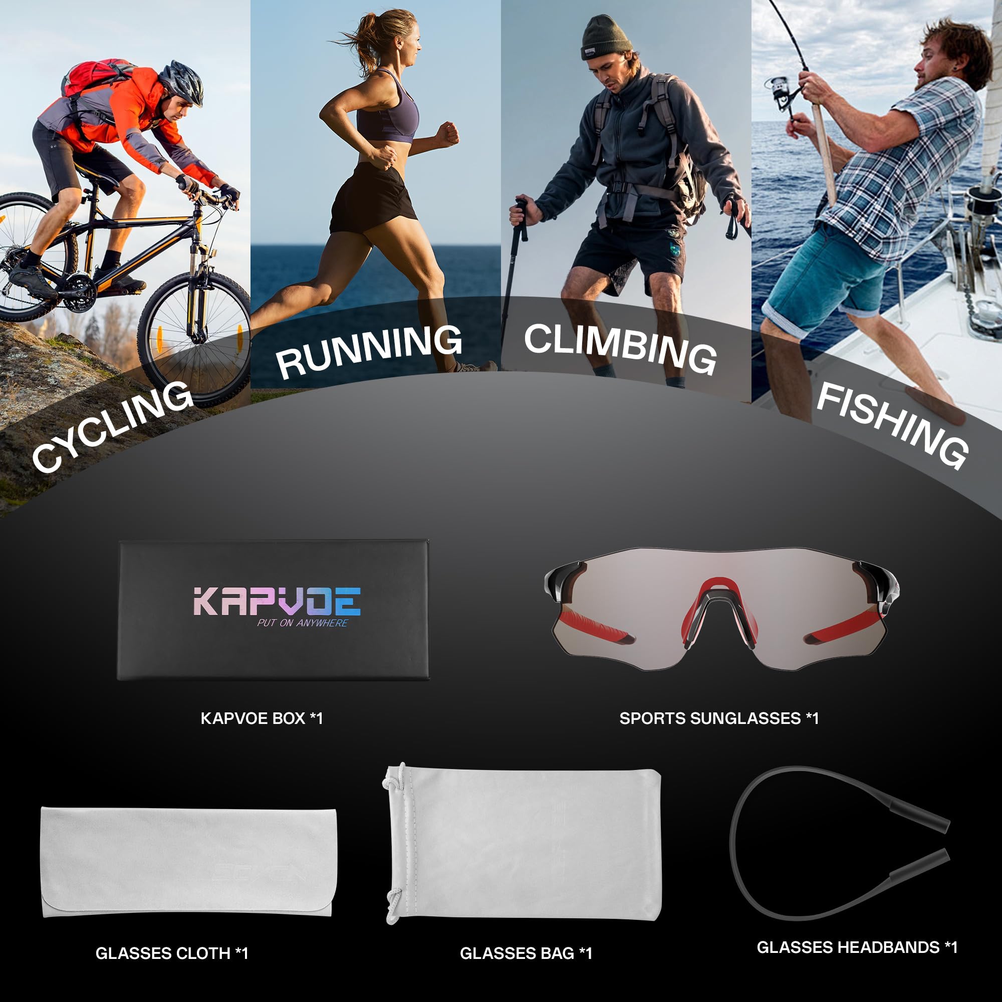 KAPVOE Lunettes De Cyclisme Polarisées - Verres Interchangeables Pour Vélo Route VTT Running Baseball