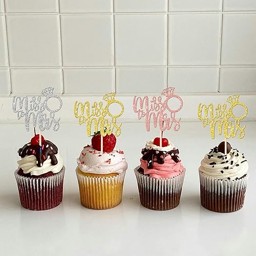 Miniatura 6 de 36 piezas de adornos para cupcakes de Miss to Mrs con anillo de diamantes con purpurina para despedida de soltera, selecciones de cupcakes Miss to