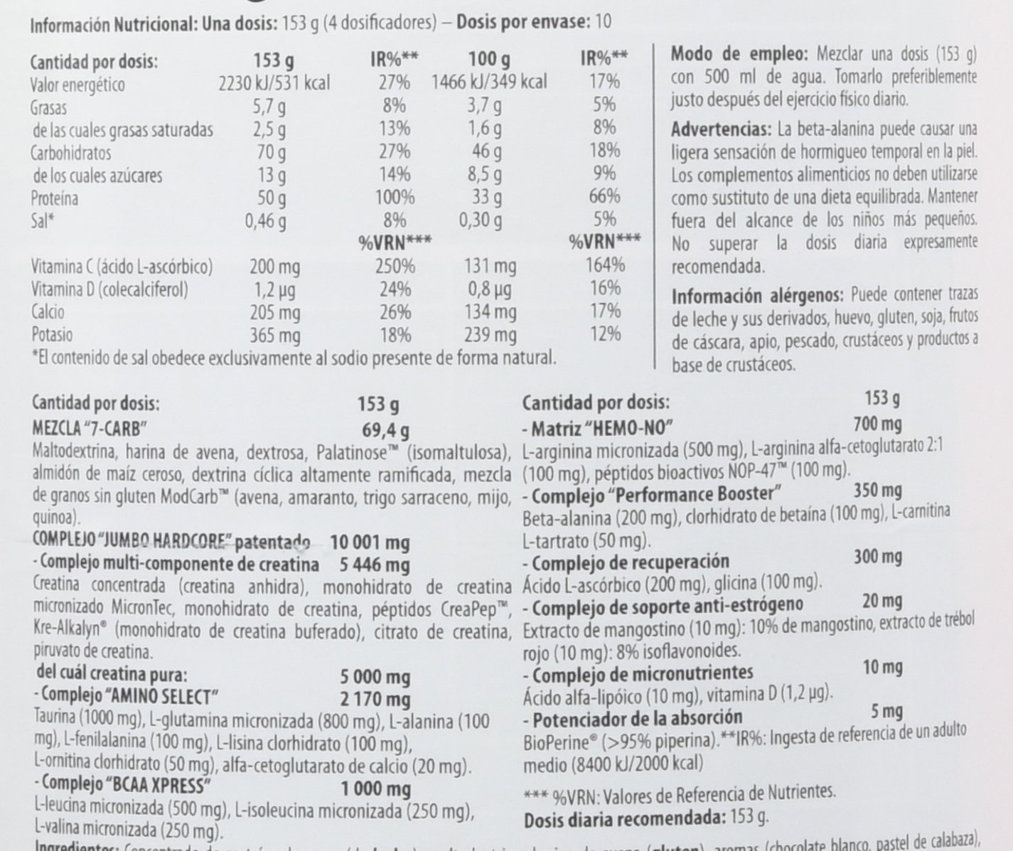 Scitec Nutrition Jumbo Hardcore, Aromatyzowany napój białkowy w proszku zawierający węglowodany, kreatynę, 1530 g, chrupiąca biała czekolada