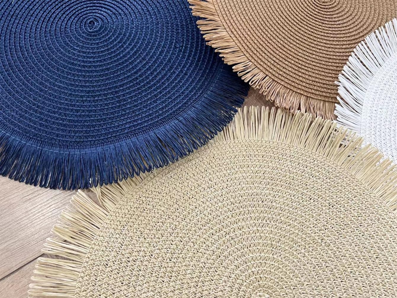 Fennco Styles Handwoven Fringe Boho Placemats 15" Round, Set of 4 - Ivory Braided Texture Table Mats for Home, Dining Room, Banquets, Family Gathering and Special Occasion