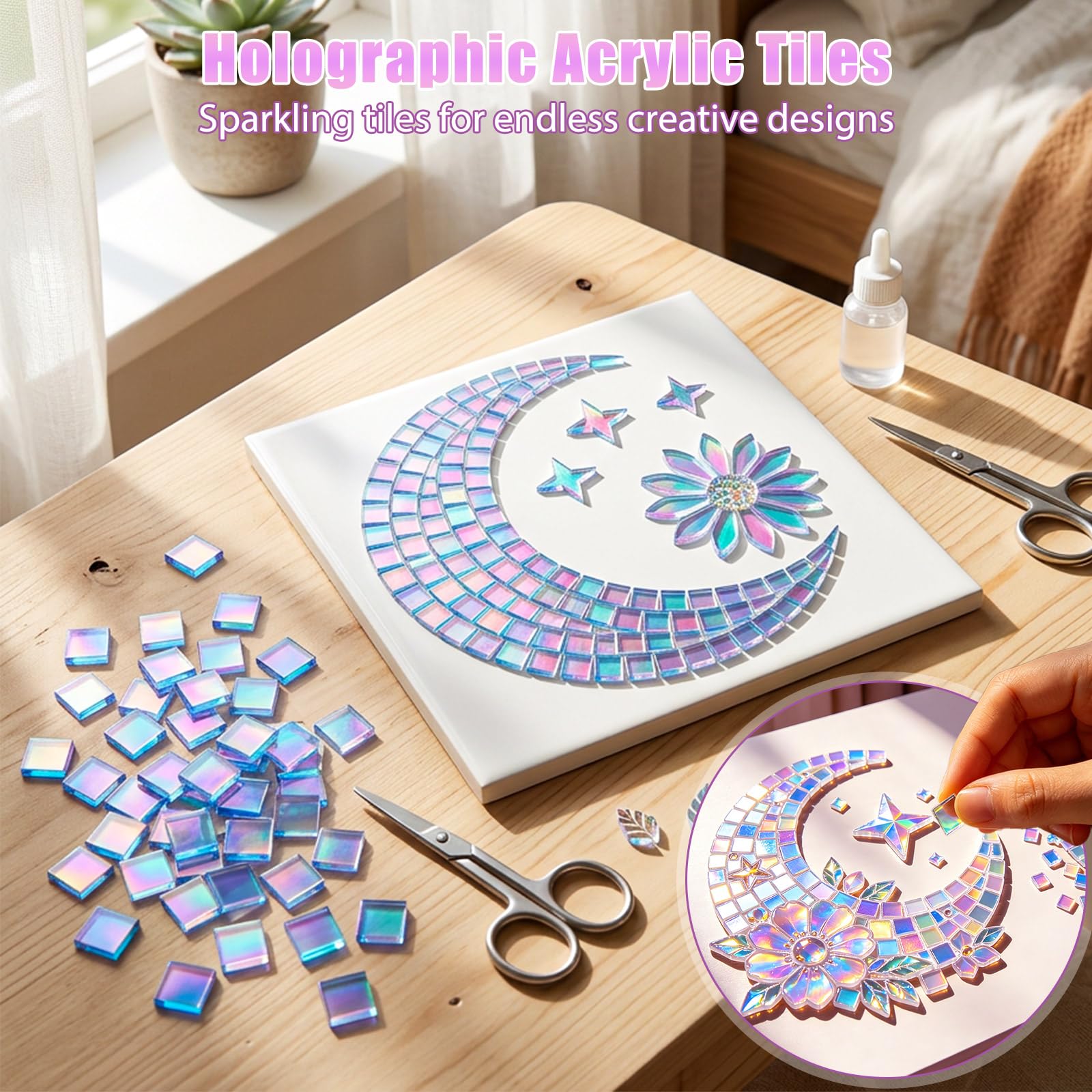 100 pietre per mosaico acrilico per il fai da te, 2 x 2 cm, set di mosaico quadrati, mini piastrelle olografiche per fai da te, vasi di fiori, cornici per foto, sottobicchieri