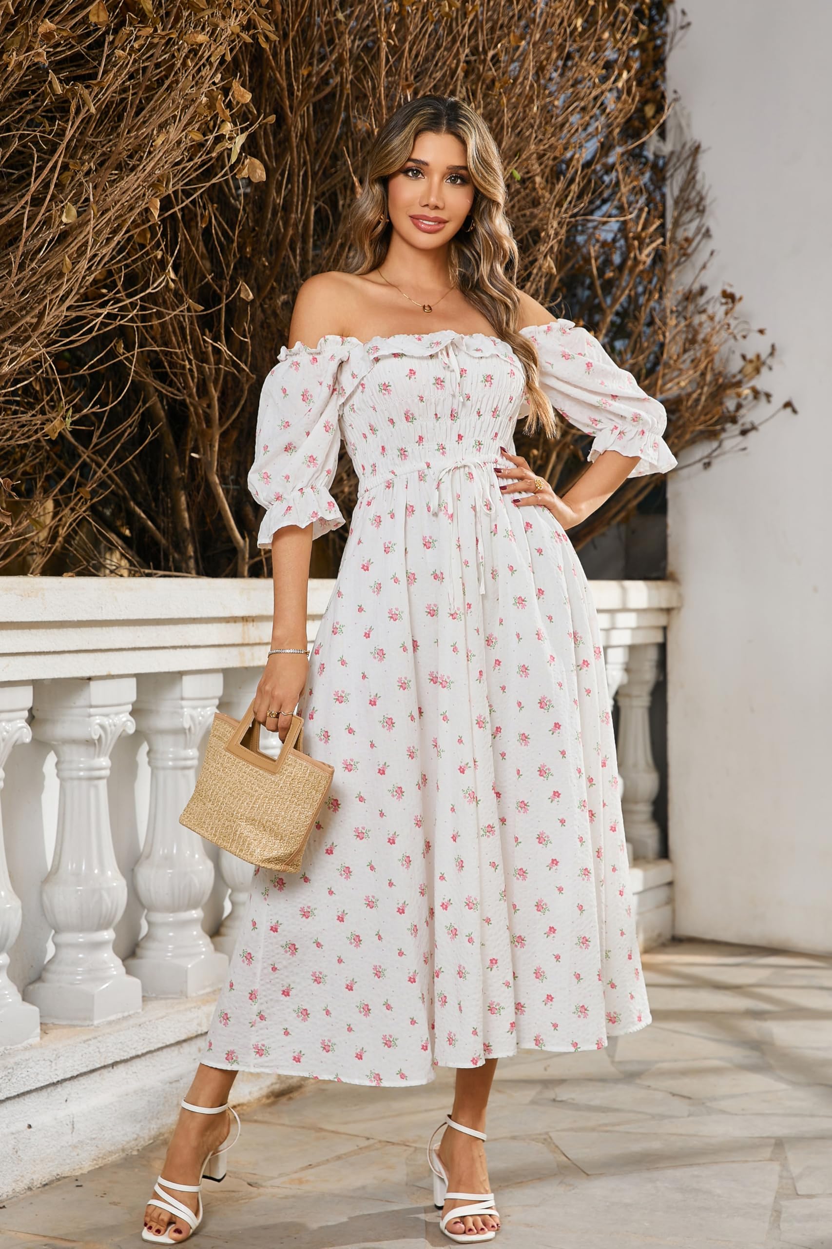 R.Vivimos Robes à Demi-Manches Slim à Pois pour Femmes col carré Robe Midi Longue