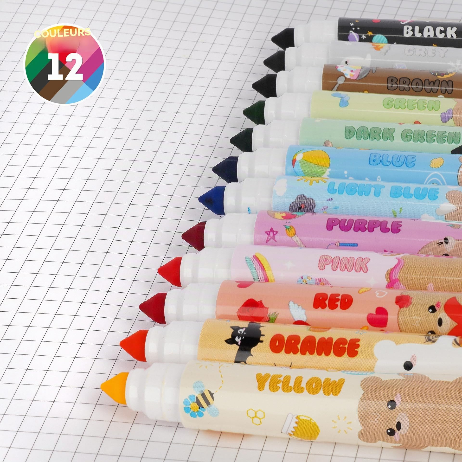 LEGAMI - Lot de 12 feutres - Teddy Friends, 12 couleurs assorties, lavables et non toxiques, pointe anti-retour, traits fins et larges, pour enfants et filles, emballage réutilisable