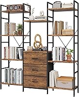 AFLUI 4-Tier Industrial Bookshelf with 3 Fabric Drawers & 10 Shelves, 47" Wide Rustic Brown Bookcase for Home Office Storage
