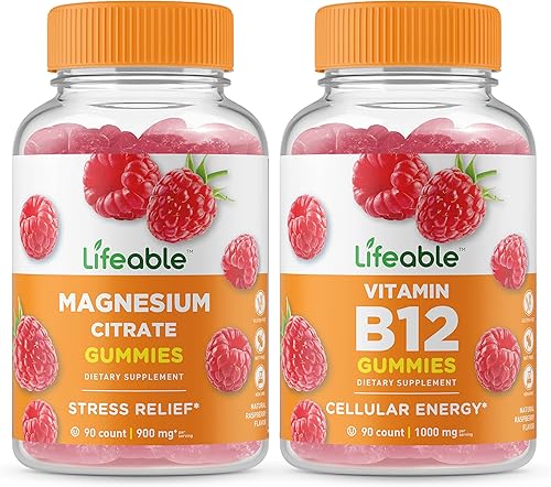 Lifeable Magnesio + vitamina B12, paquete de gomitas Gran sabor, suplemento vitamínico, sin gluten, sin OMG, gomita masticable