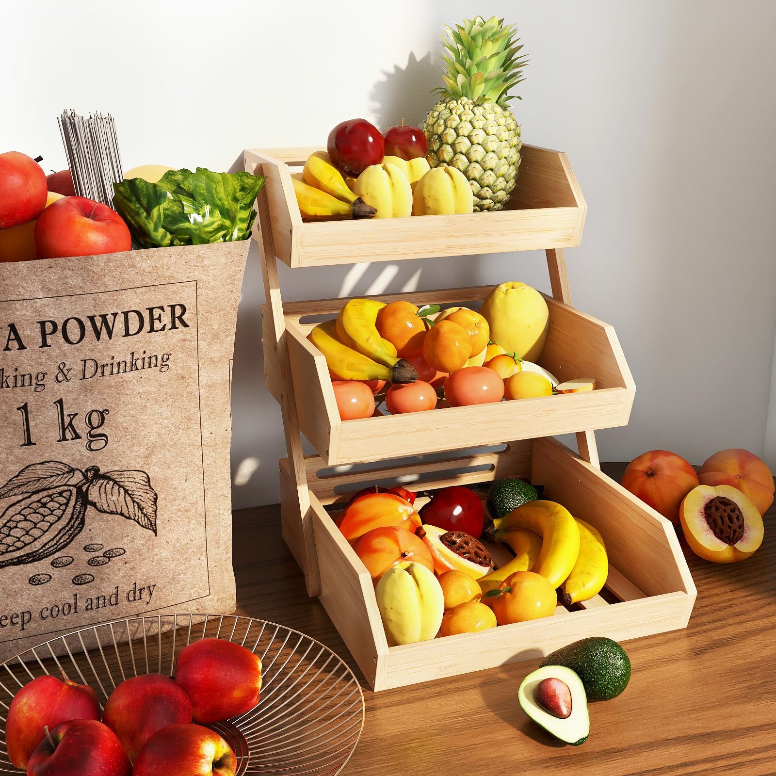 Étagère à fruits et légumes à 3 niveaux en bambou – Panier de rangement en bois pour plan de travail (fruits, légumes, pain et collations) – Support d'organisation pour (3 niveaux)