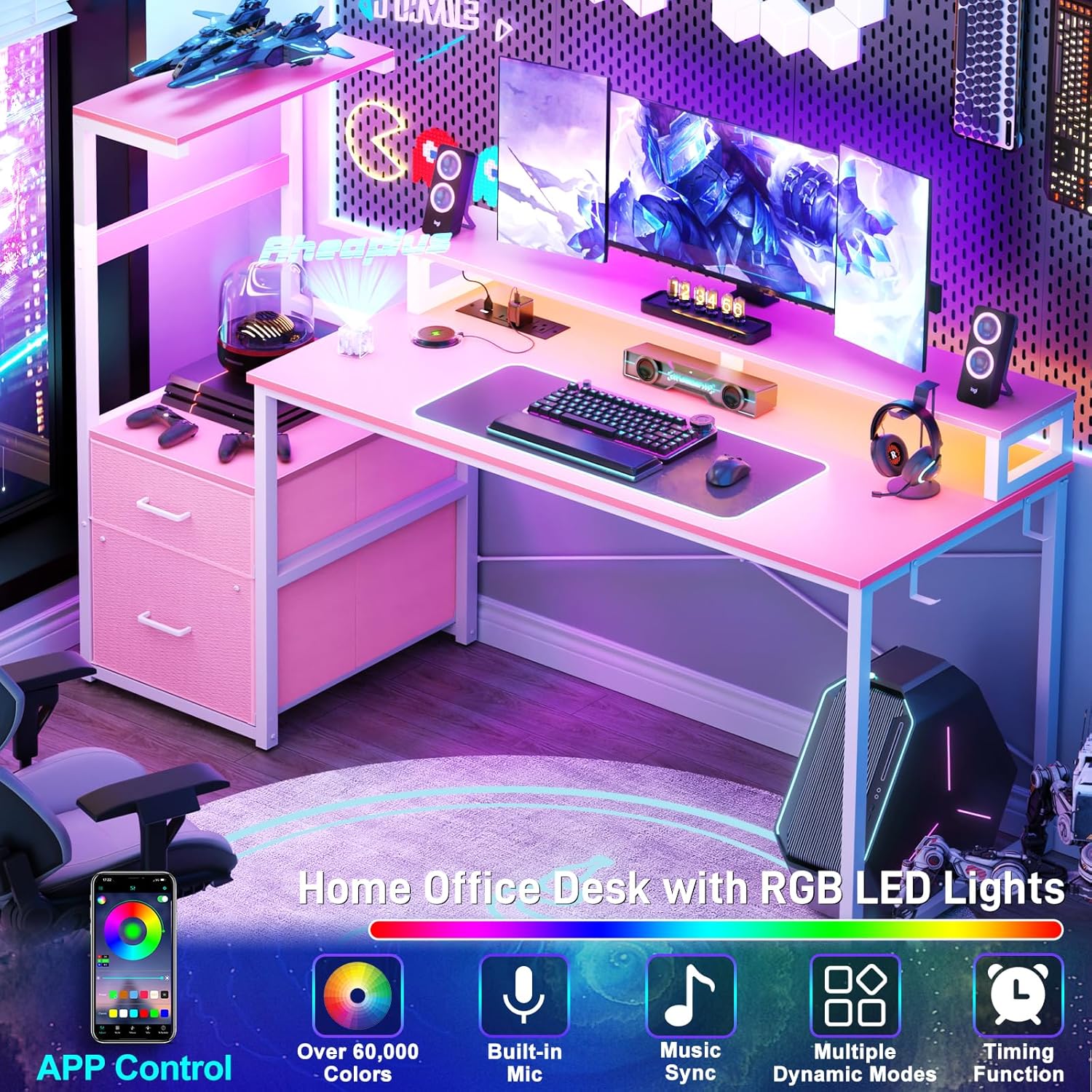 Aheaplus Gaming Desk with LED Strip & Power Outlet, 59Inch Reversible Computer Desk with Monitor Stand & Storage Shelves, Home Office Desks with Fabric File Drawer, Gamer Table PC Desk, Pink