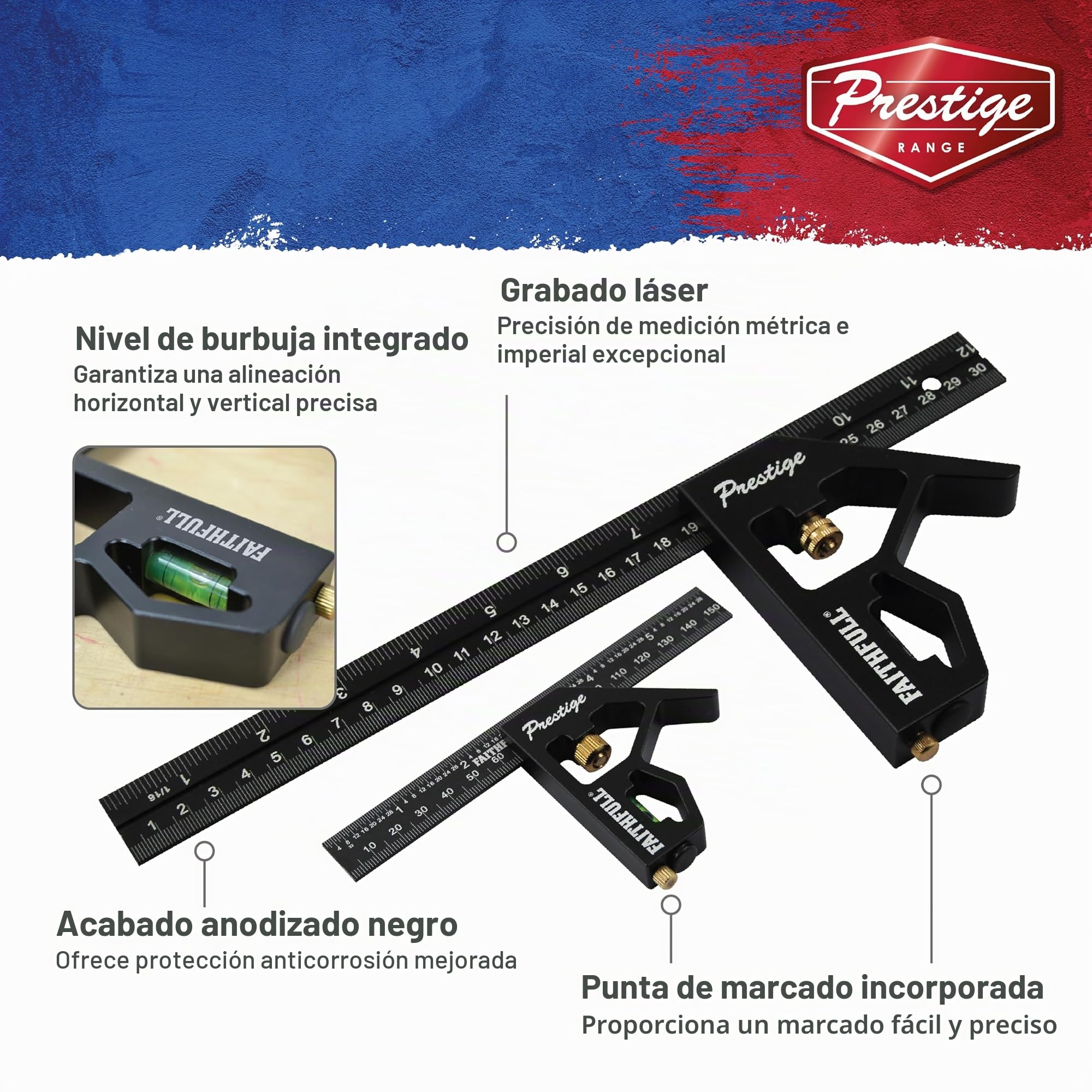 Équerre combinée Faithfull Prestige (lot de 2) en aluminium noir, 150 mm (6 po) et 300 mm (12 po) – Outil multifonction de mesure et de traçage avec niveau à bulle et pointe à tracer