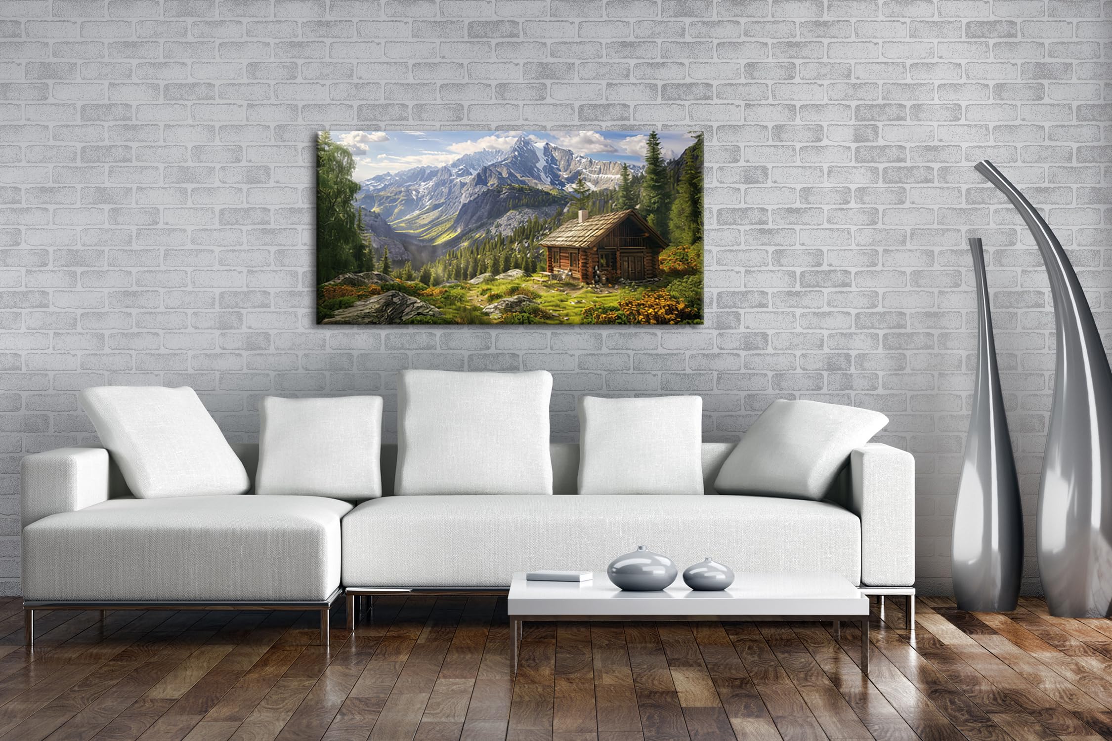 Berghütte mit Panorama, umgeben von majestätischen Bergen Panorama 120x60cm XXL Kunstdruck Motiv auf Holzrahmen/Leinwandbild/Wandbild/Wohnzimmer Dekoration