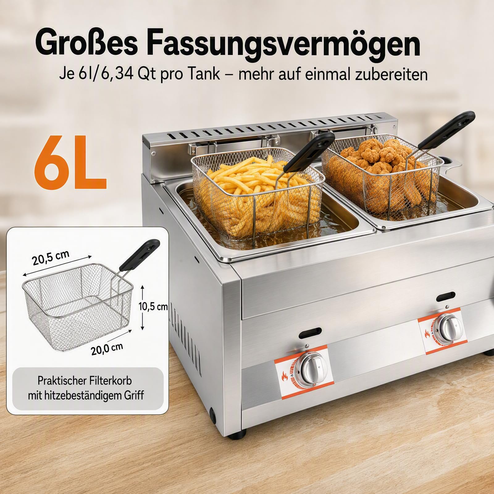Kommerzielle Gas-Fritteuse mit Korb und Deckel, 2 x 6 L Edelstahl Fritteuse