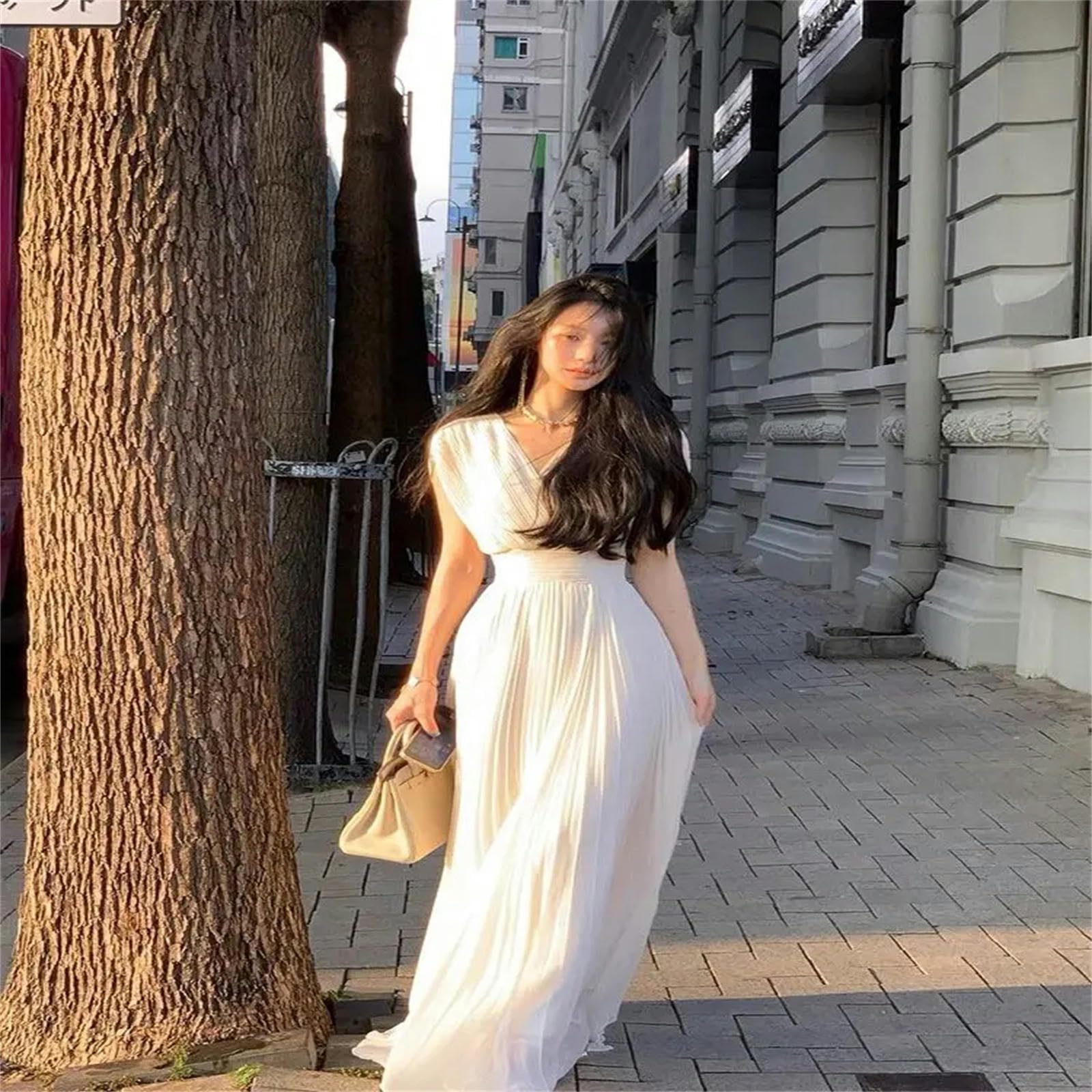 Vestito Pieghe Estive Abiti Lunghi V -Collo per Feste Natalizie Donne Donne Ad Alta Vita Abiti da Donna