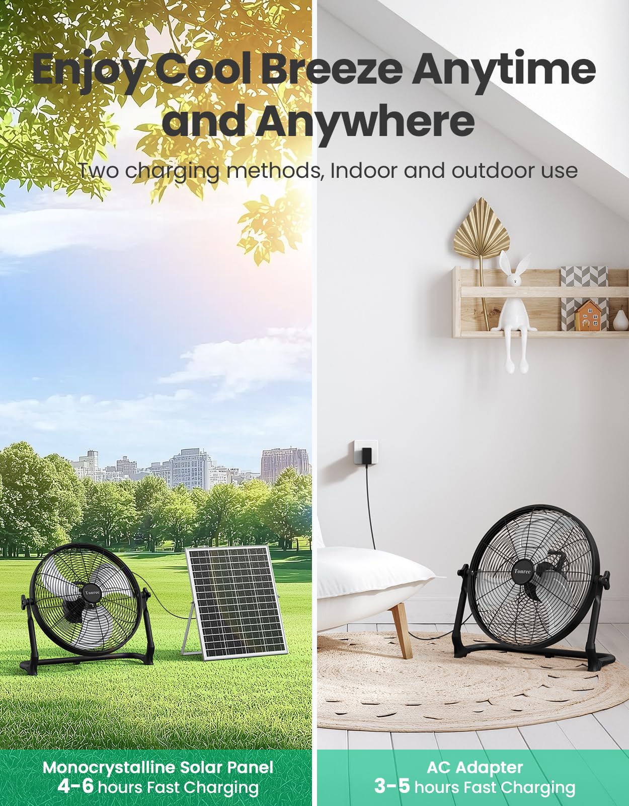 Ventilador solar portátil de 18 pulgadas, funciona con pilas, ventilador de piso recargable, ventilador de campamento inalámbrico de alta velocidad, carga de teléfono USB, tiempo de funcionamiento de 6
