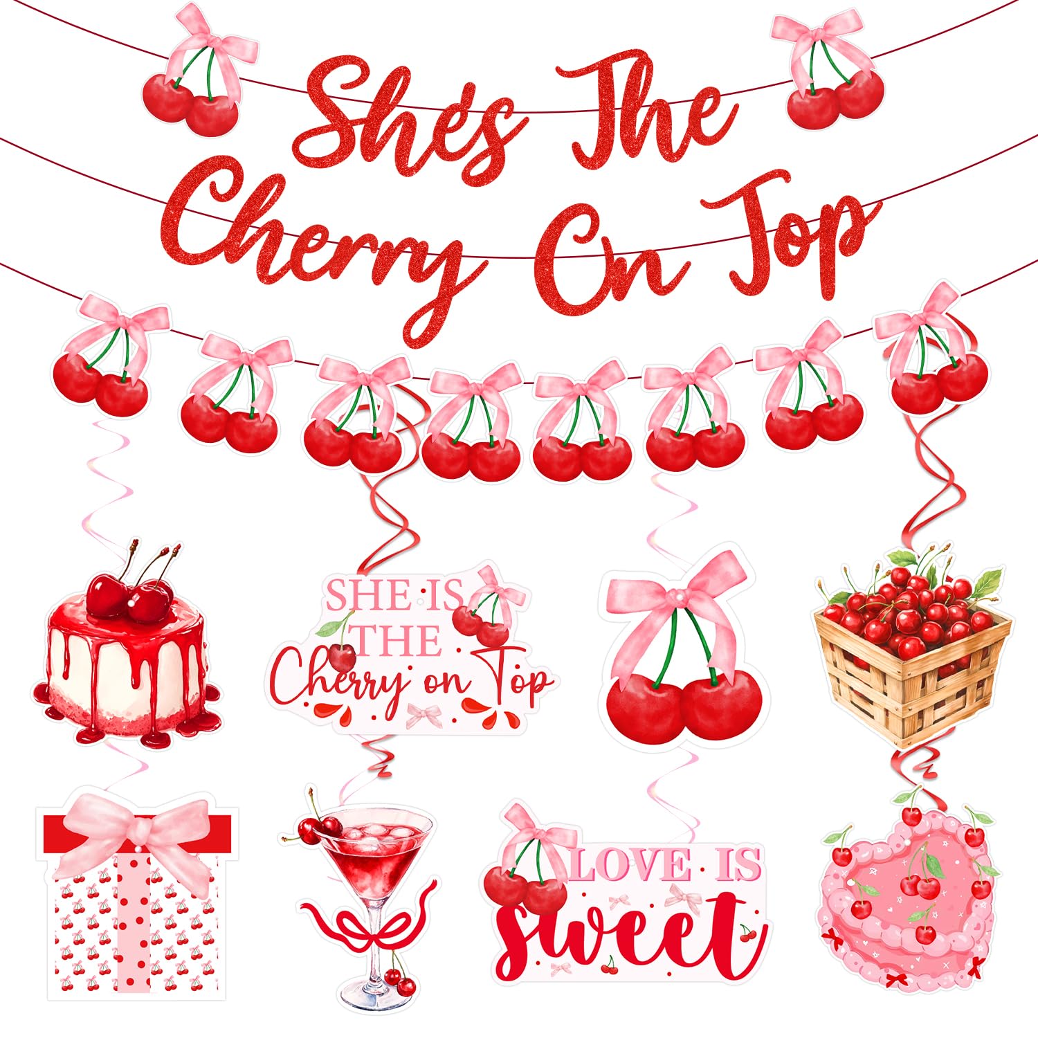 She's the Cherry on Top Party Decorations, Cherry Hanging Swirls She's the Cherry on Top Bridal Shower Banner Coquette Red Cherry Garland for Girl Bridal Shower Baby Shower Bachelorette Party Supplies