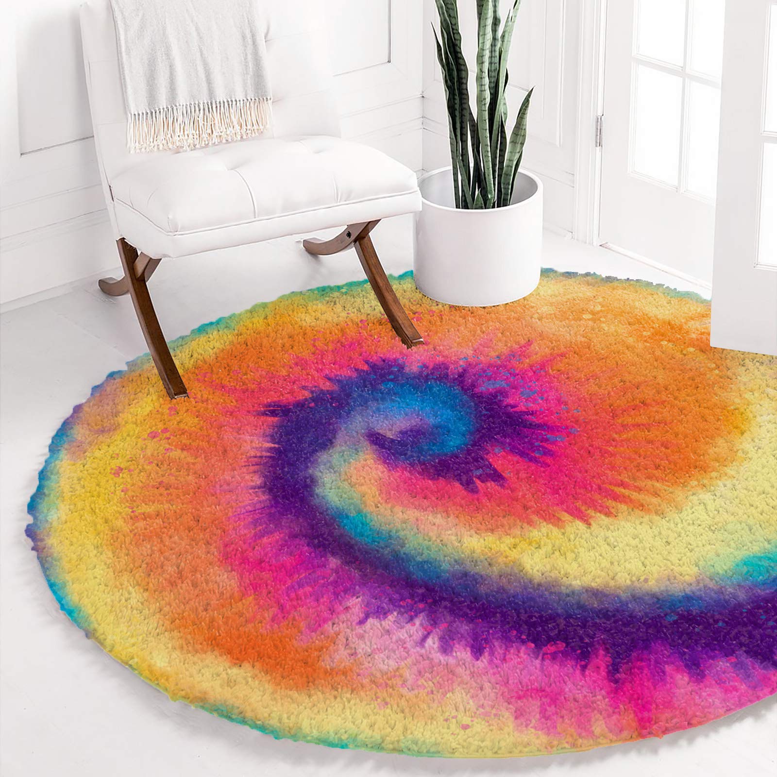 LAMANDA Round Area Rug Spiral Tie-dye Art,Soft Fluffy Shaggy Carpet Colorful Ethnic Style,Non Slip Throw Rugs Door Mat for Living Room Bedroom Kids Nursery Floor Decor 60in