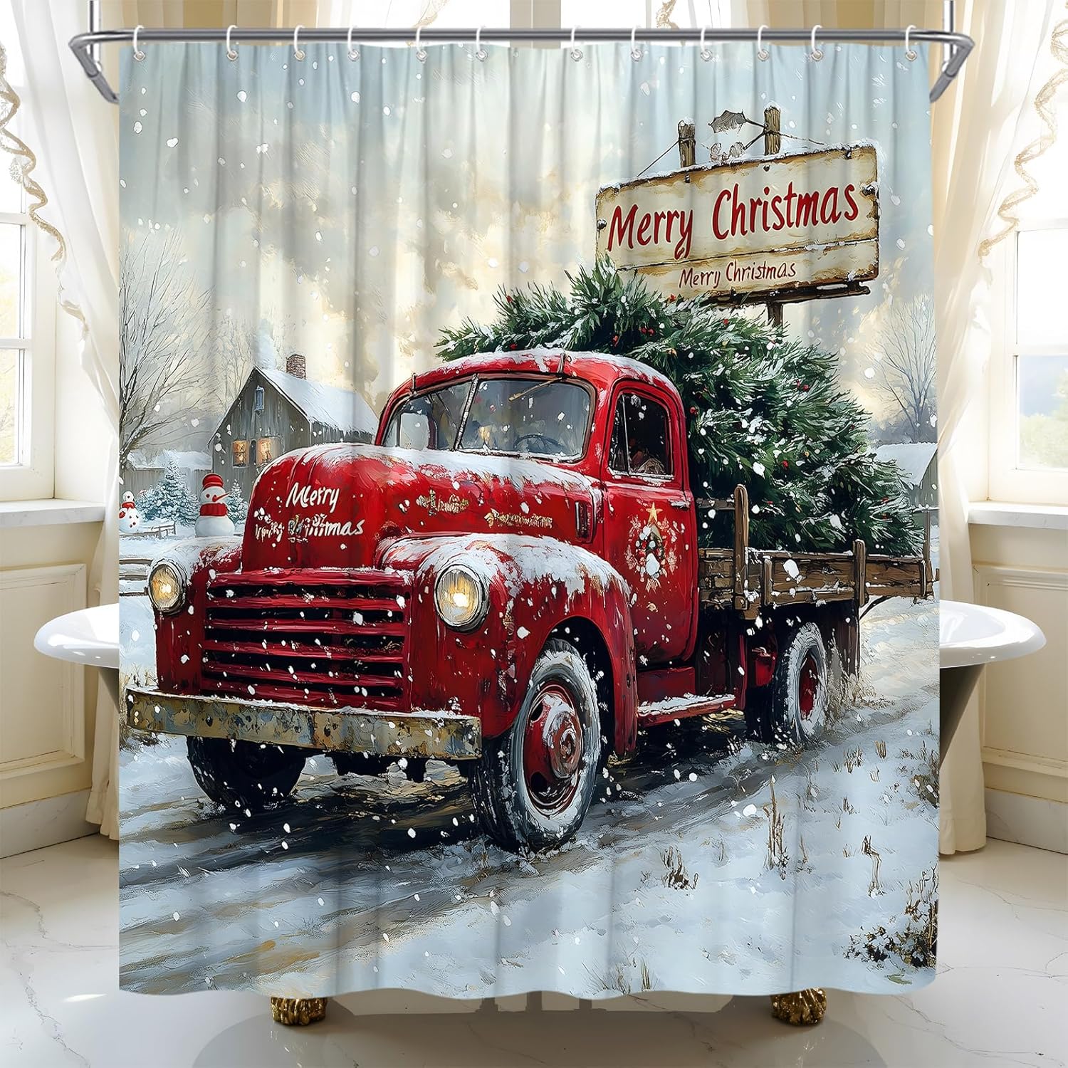 Christmas Shower Curtain Red Truck Winter Rustic Farmhouse Xmas Tree Snow Scene Holiday Fabric Bathroom Curtain Decor Bath Set with Hooks(84" Wx70 H)