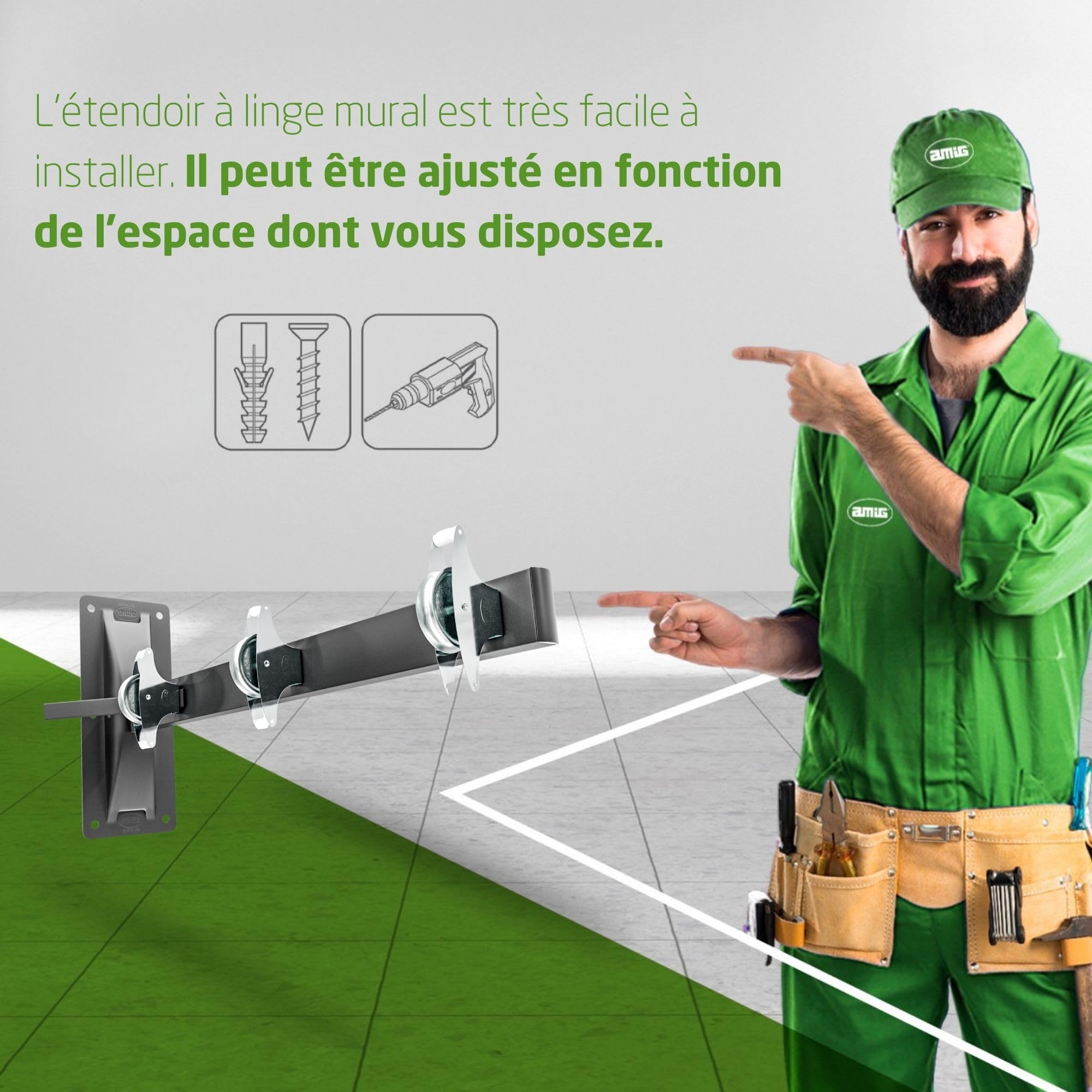 Amig - Étendoir Mural latéral Mod. 3 - Séchoir Mural Rabattable pour Linge - Structure résistante et Installation Pratique - 80 x 40 cm - Acier - Finition Noire
