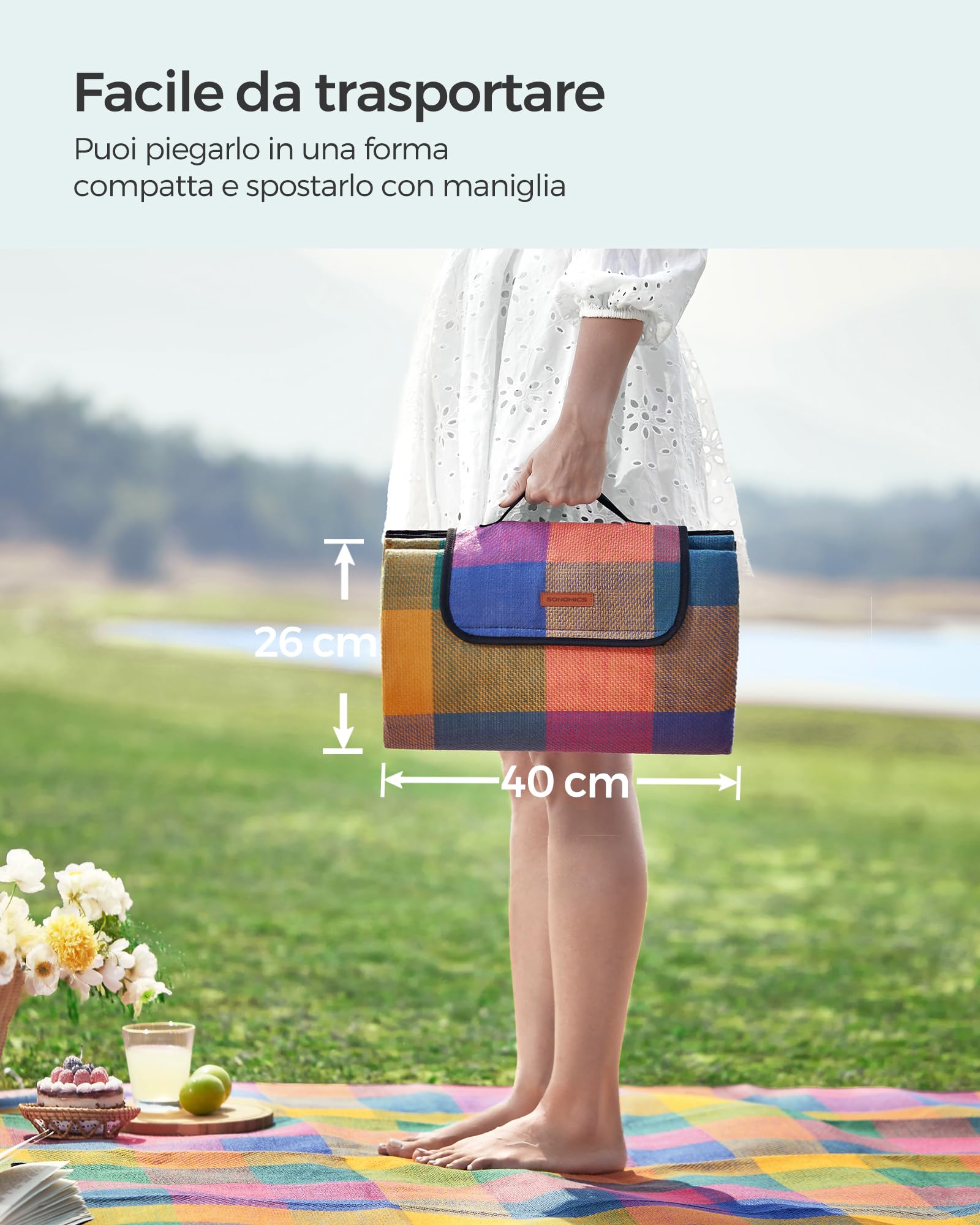 SONGMICS Coperta da Pic-nic, Tappeto da Campeggio o Giardino, Impermeabile e Pieghevole, con Manico, Multiuso, 195 x 150 cm GCM50K