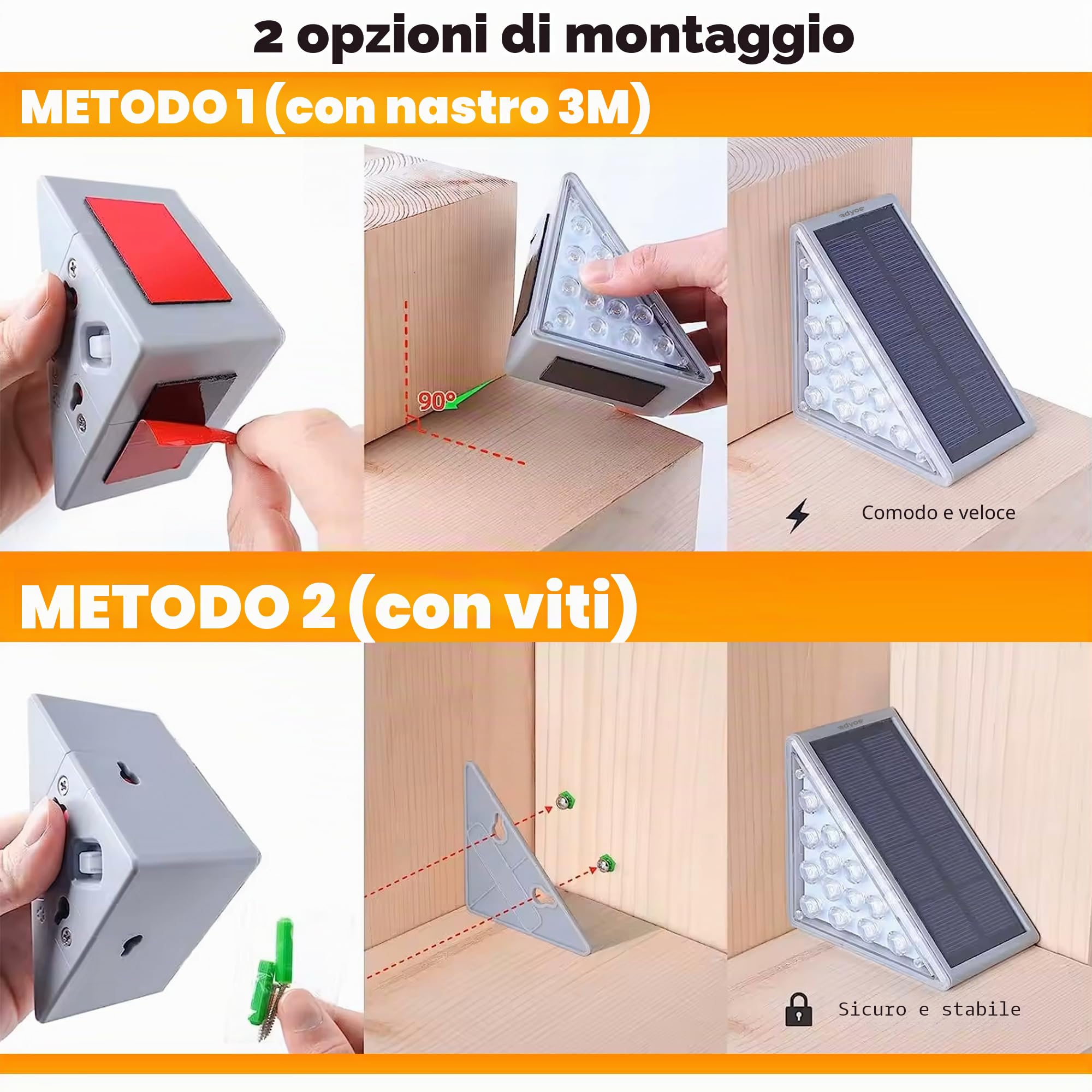 Confezione da 6 luci solari per esterni, impermeabili, a LED, per terrazza e scale, a forma di triangolo, ad energia solare, illuminazione decorativa per giardino, patio, portico, cortile,