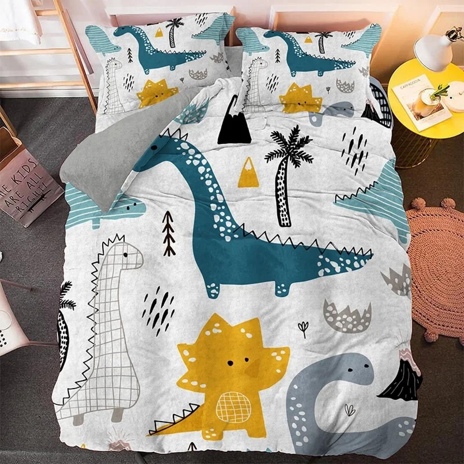 Parure de lit dinosaure 135x200 avec deux taies d'oreiller en polyester doux