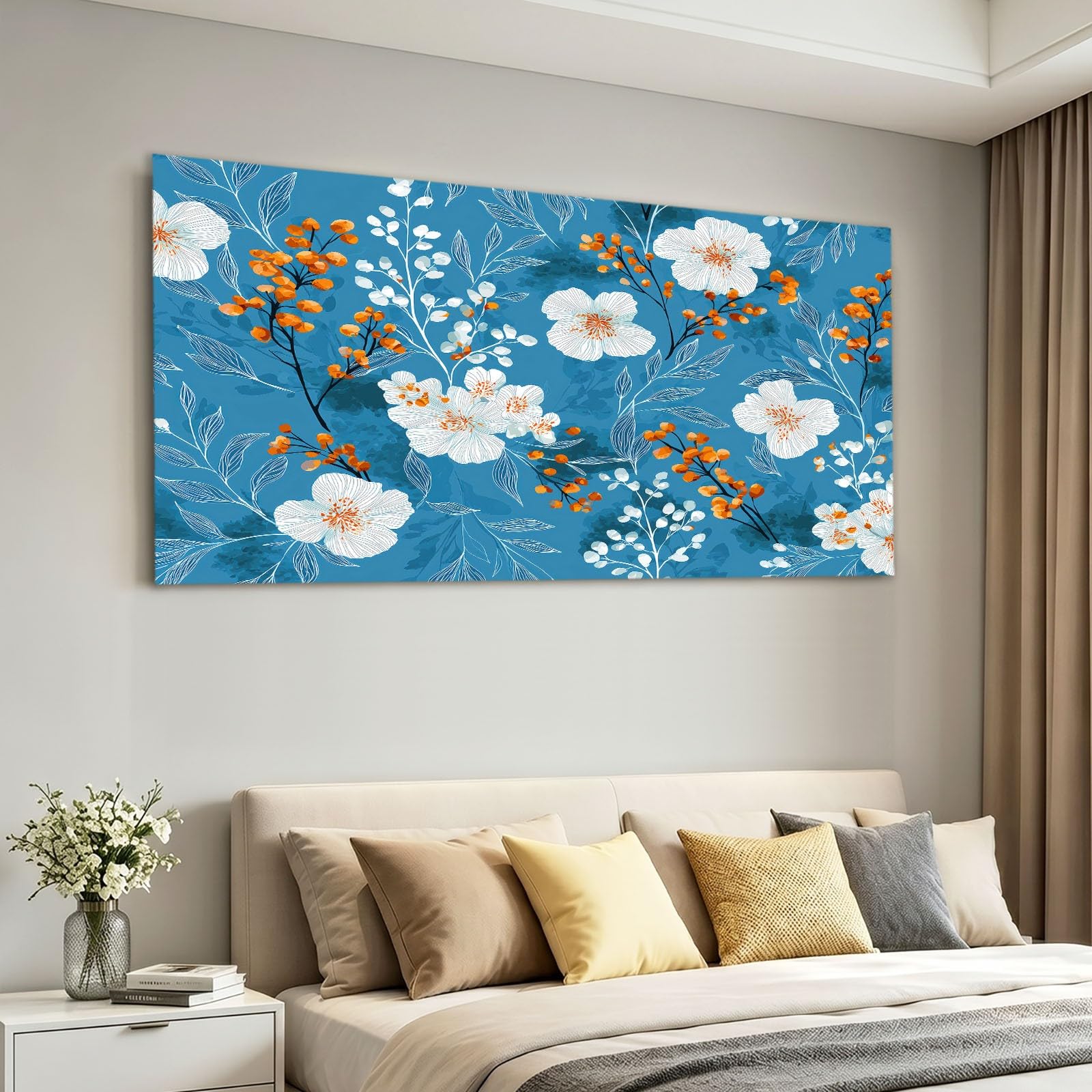 Obrazy na płótnie w stylu vintage, obrazy ścienne do salonu, 100 x 70 cm, druk artystyczny, obrazy na płótnie, niebieskie kwiaty, liście, jagody, dekoracja ścienna do korytarza, sypialni, jadalni i