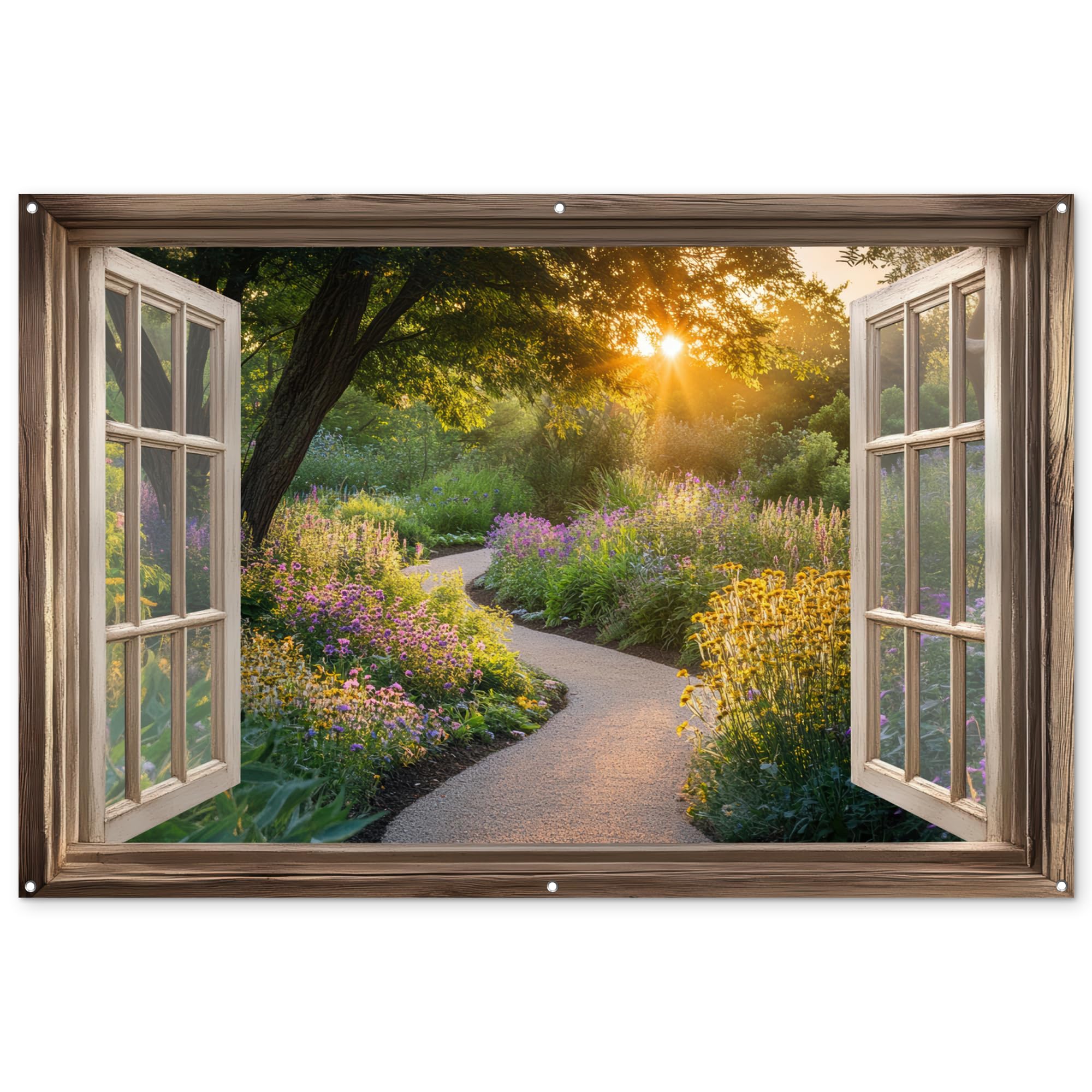 MuchoWow© Poster De Jardin Decoracion Balcón Wall Decoration Adornos Pared | 180x120 cm - Terraza Exterior Decoración Patio Posters Decorativos Vista - Flores - Naturaleza - Sol - Sendero