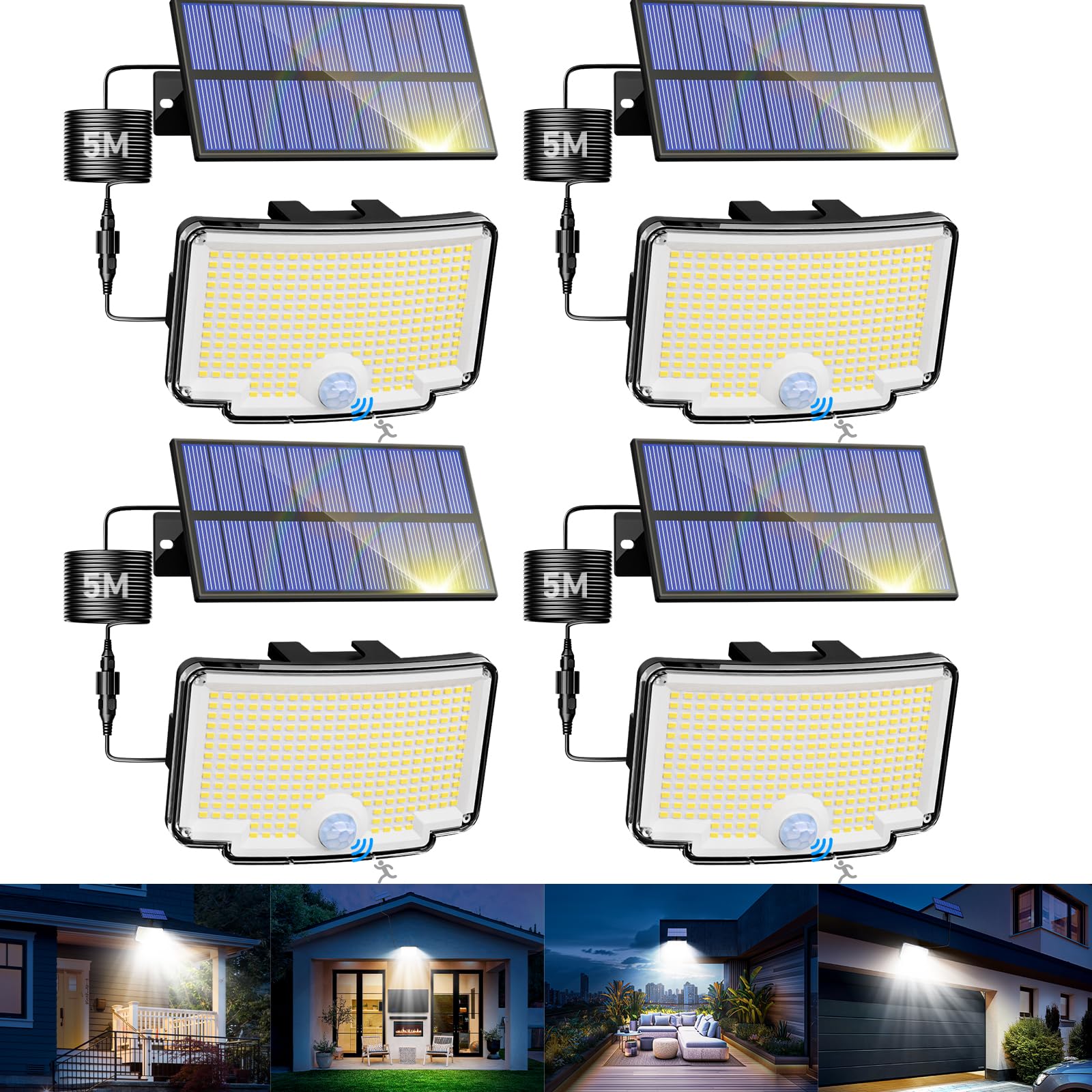 nipify 4 Stück Solarlampen für Außen mit Bewegungsmelder, 318 LED 3 Modi Solar Außenleuchte IP65 Wetterfest, Weitwinkelbeleuchtung Hell Solarstrahler für Outdoor Hauswand Garten Garage