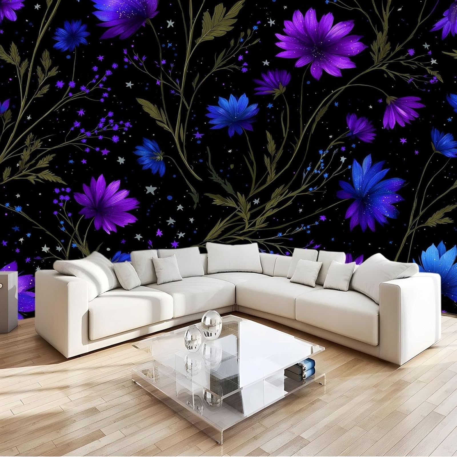 hgjdjhnf Non-Woven Photo Wallpaper with Moon, Stars, and Wildflowers, Suitable for Walls, for Living Rooms, bedrooms, and Apartments, Black, 200cm x 140cm