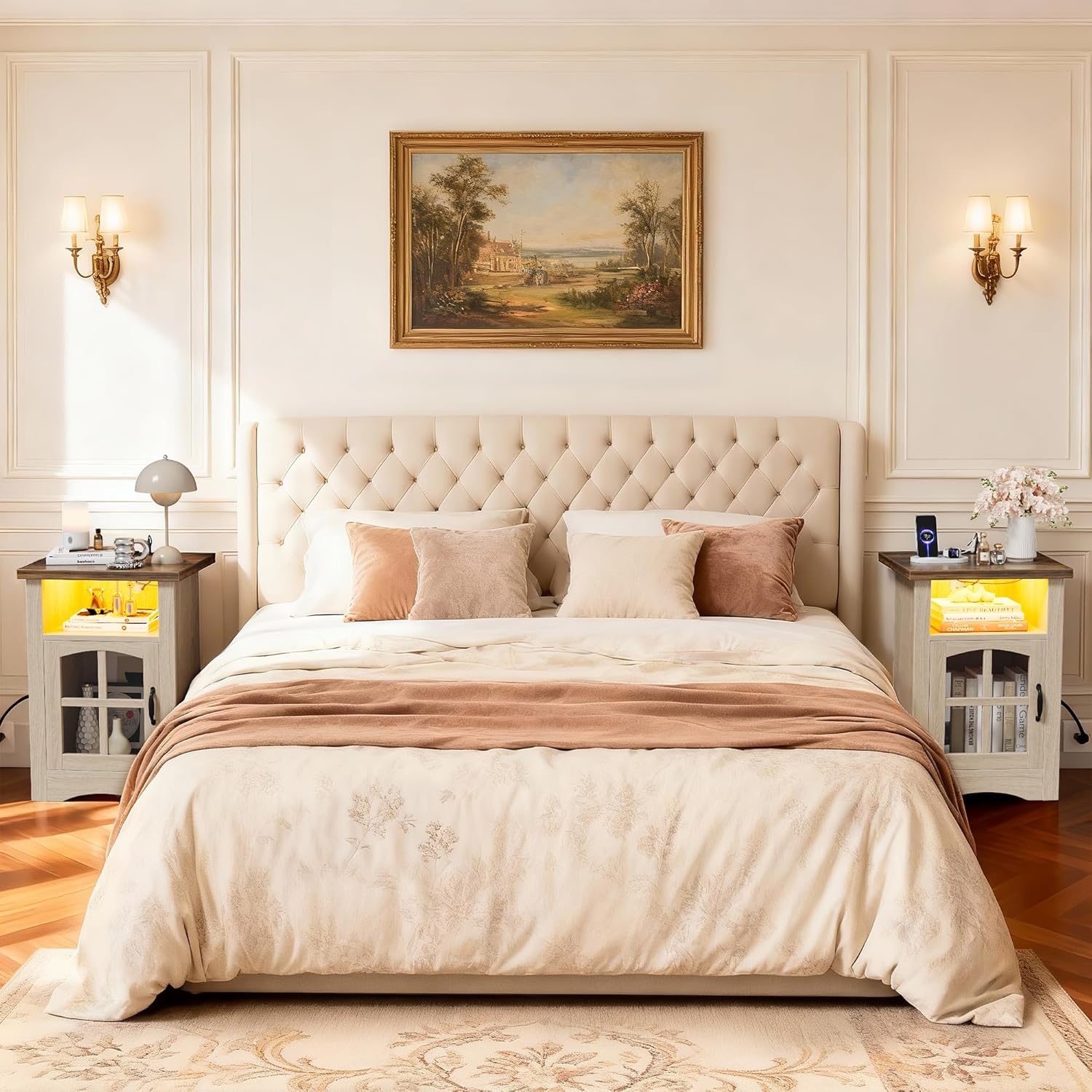 JUMMICO End Table with Charging Station and LED Open Shelf & Glass Door Cabinet, Farmhouse Nightstand with 20W Fast Charge, Side Table for Living Room (2,Light Oak & Brown)