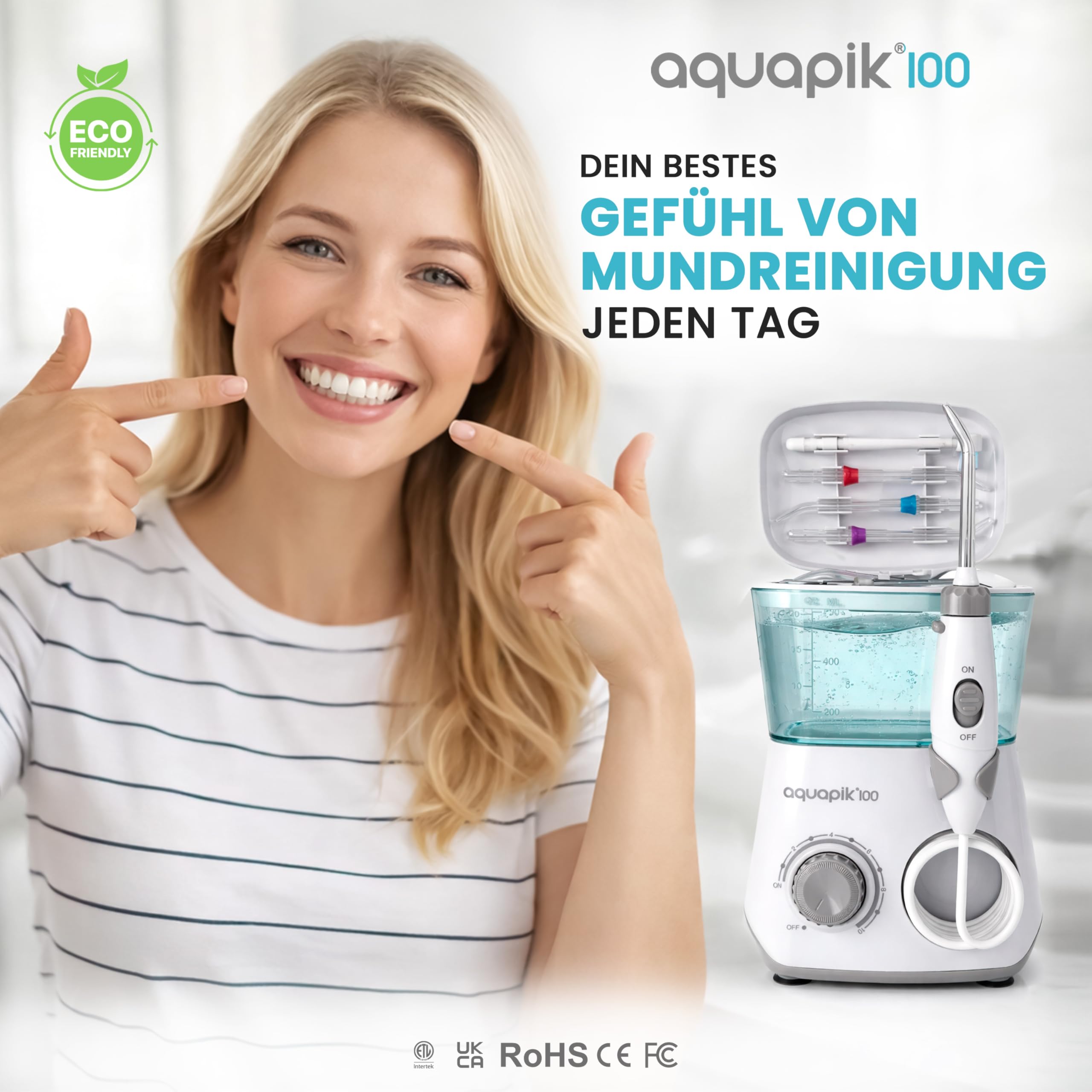 Aquapik® 100 Munddusche 600 ml 10 Stufen 8 Aufsätze Water Flosser Weiß.