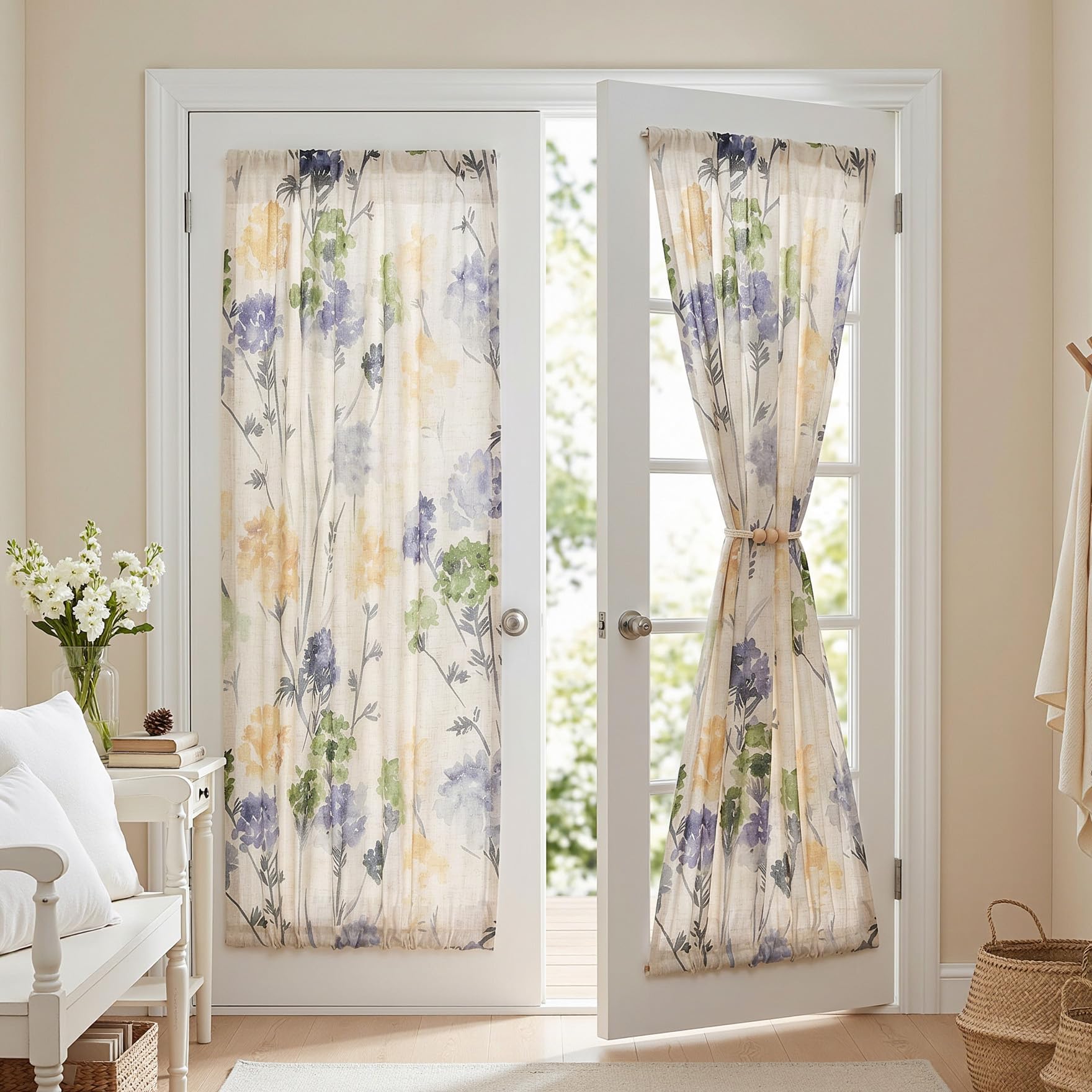 MYSKY HOME Floral Linen French Door Curtains 72 inch Long 2 Panels for Front Door Light Filtering Privacy Semi Sheer Window Curtains with Rod Pocket, Sage Green, 24" W Each Panel