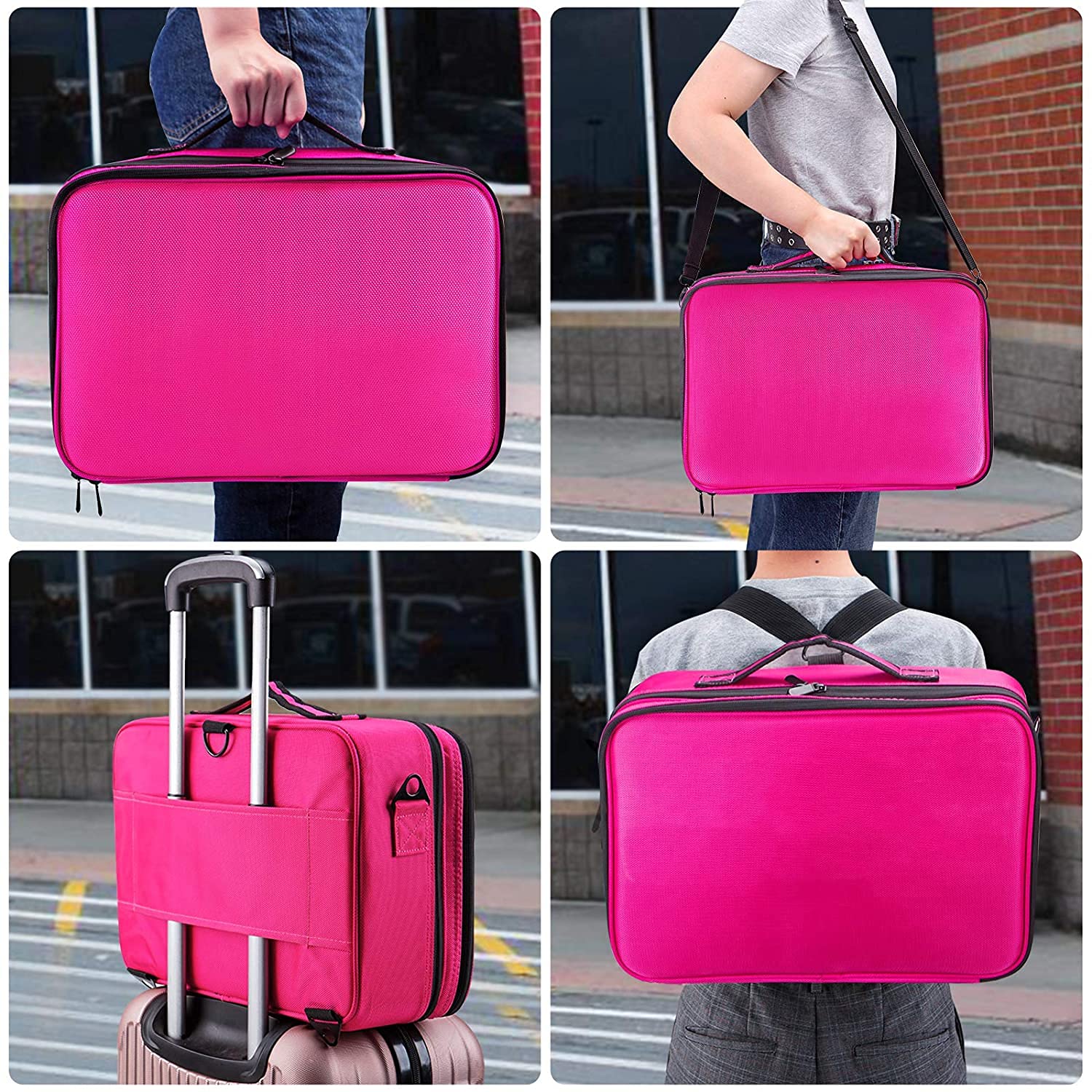 Adson Large Makeup Bag 3 Layers Professional Train Cosmetic Bag Makeup Organizer Case Portable Artist Storage Brush Box with Adjustable Dividers and Strap for Makeup Accessories (Pink) - Image 5 thumbnail