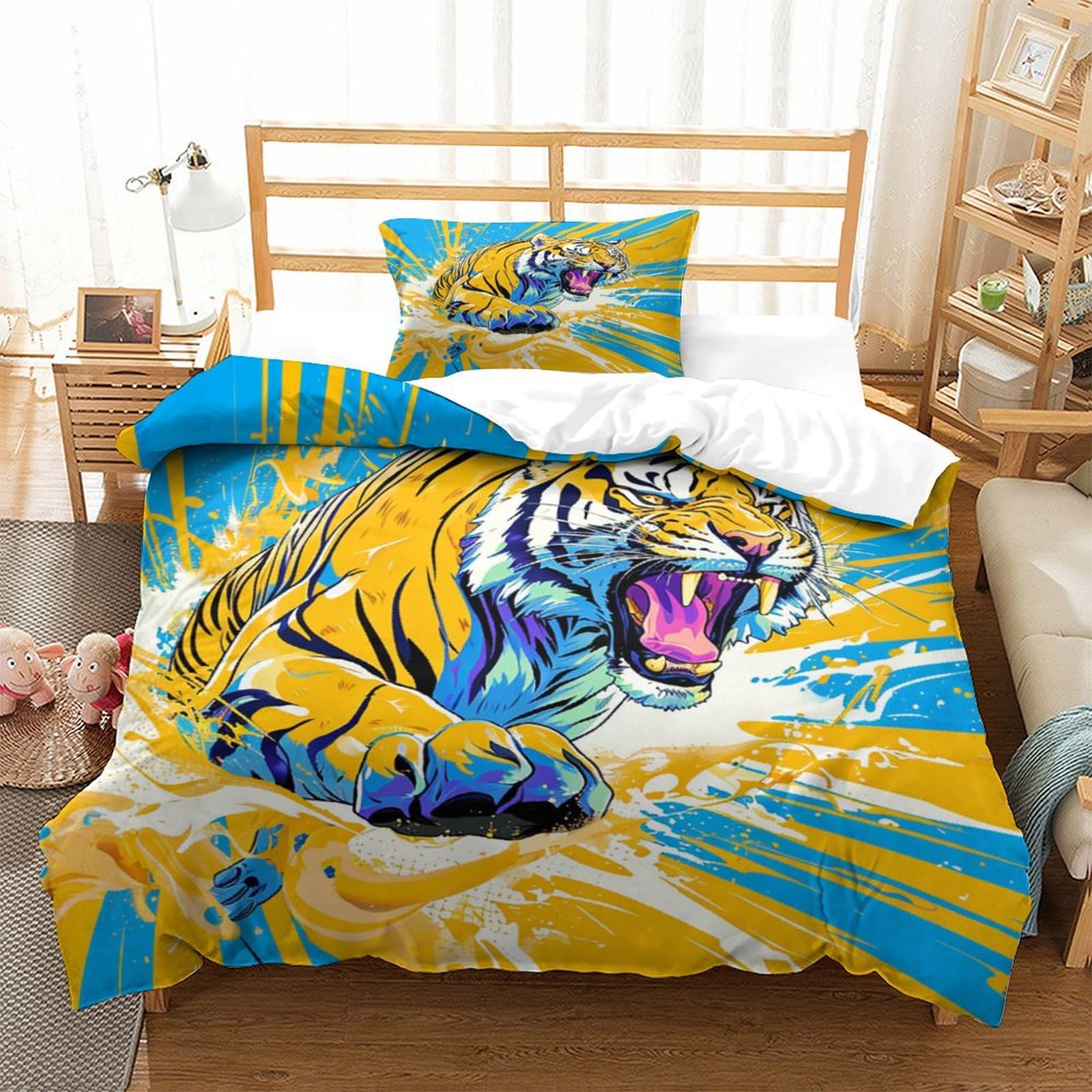 P1S9U7W5Y Dynamic Tiger 3D Printed Duvet Cover Set 3 Pieces Microfiber Bedroom Decor Vibrant Tiger Bedding Set for Adults Teens Soft Gift Single（135x200cm）