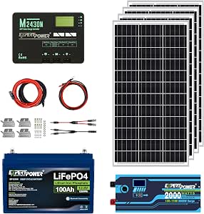 ExpertPower 1.3KWH 12V Solar Power Kit with LiFePO4 Battery, 400W Solar Panels, 2000W Inverter, and MPPT Charge Controller