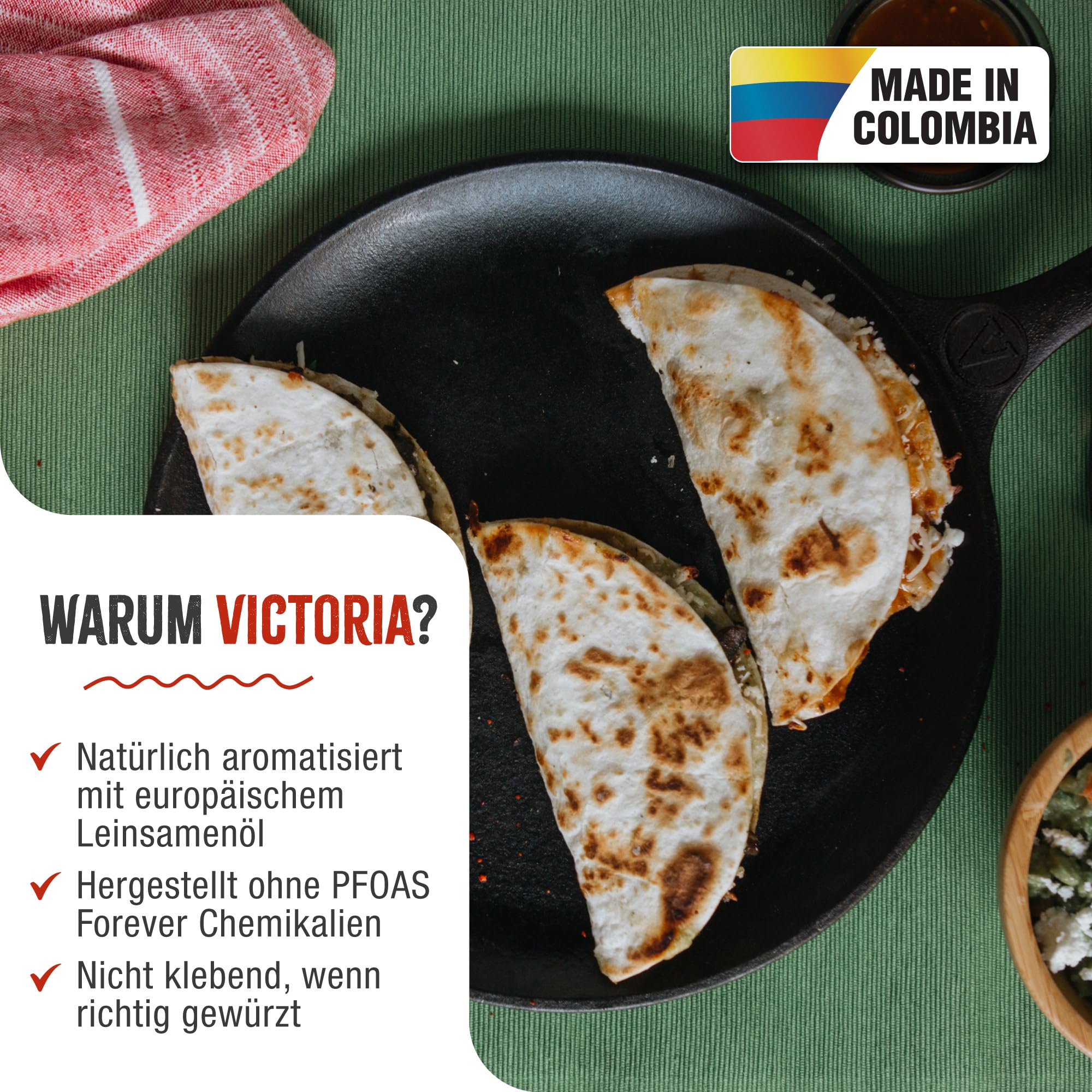 VICTORIA Grillpfanne Gusseisen Eingebrannte Comal Pizza-Pfanne 26,6cm, Induktion, Feuer, Grill, Ofen, Glaskeramik, Gas, Vorgewürztem um eine Giftfreie Antihaftbeschichtung ohne PTFE zu Schaffen