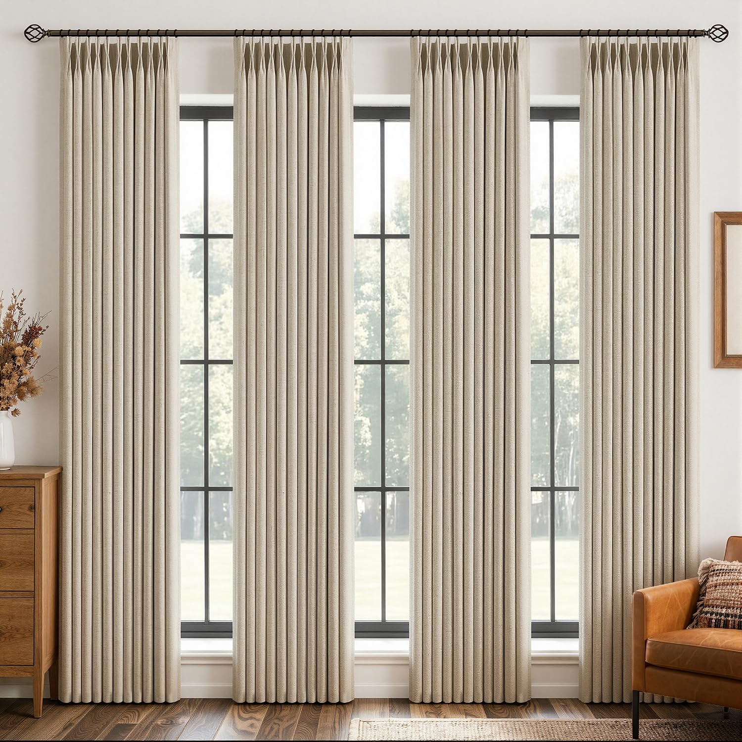 MIULEE 4 Panels Pinch Pleated 100% Blackout Linen Curtains 40"x84" Sand