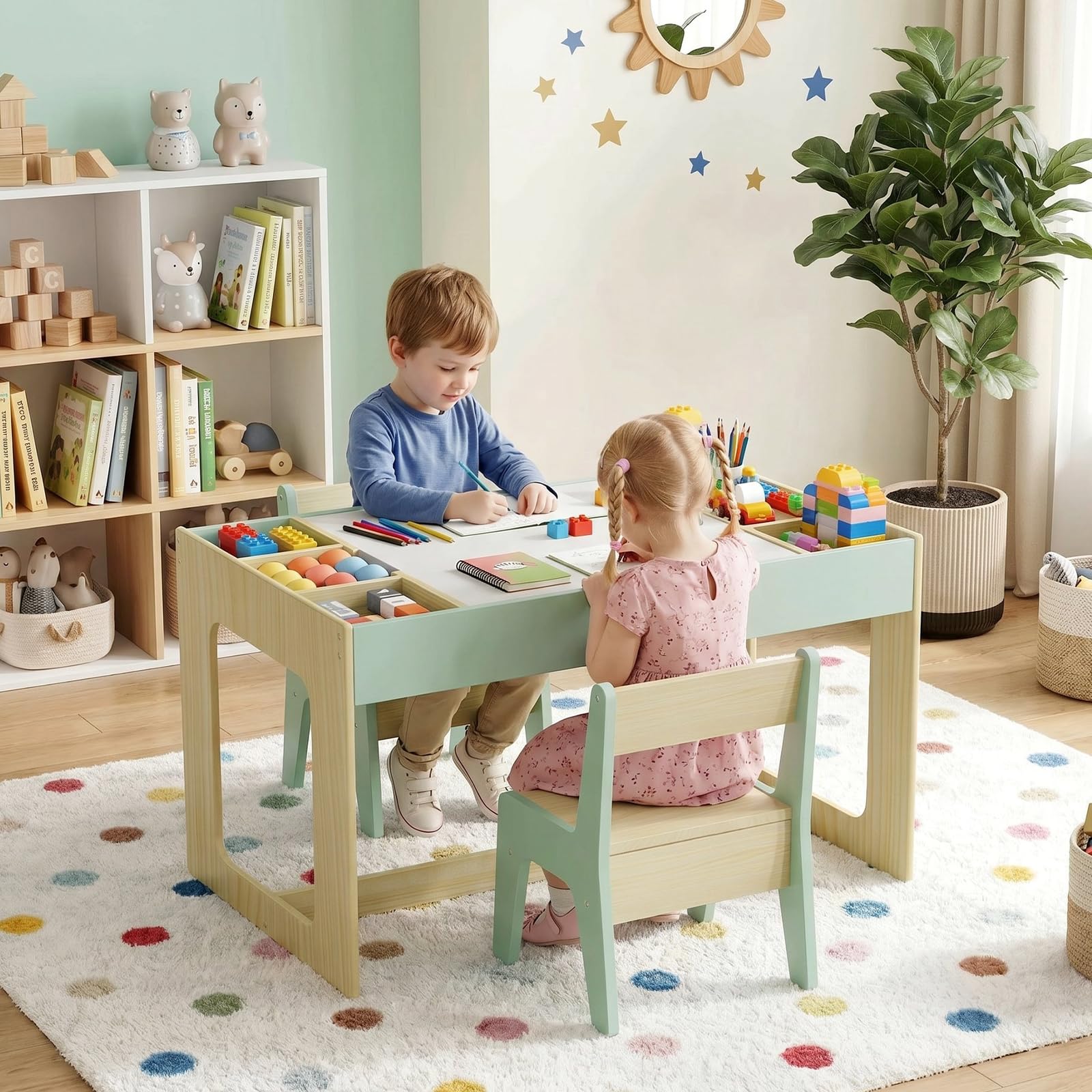 MAMIZO Table Enfant avec Rangement, Table Enfant en Bois avec 2 Chaises, avec Plateau de Réversible, pour la Garderie l'école, Dessiner Jouer, Bureau pour 3 Ans +, Couleur de Bois avec Vert