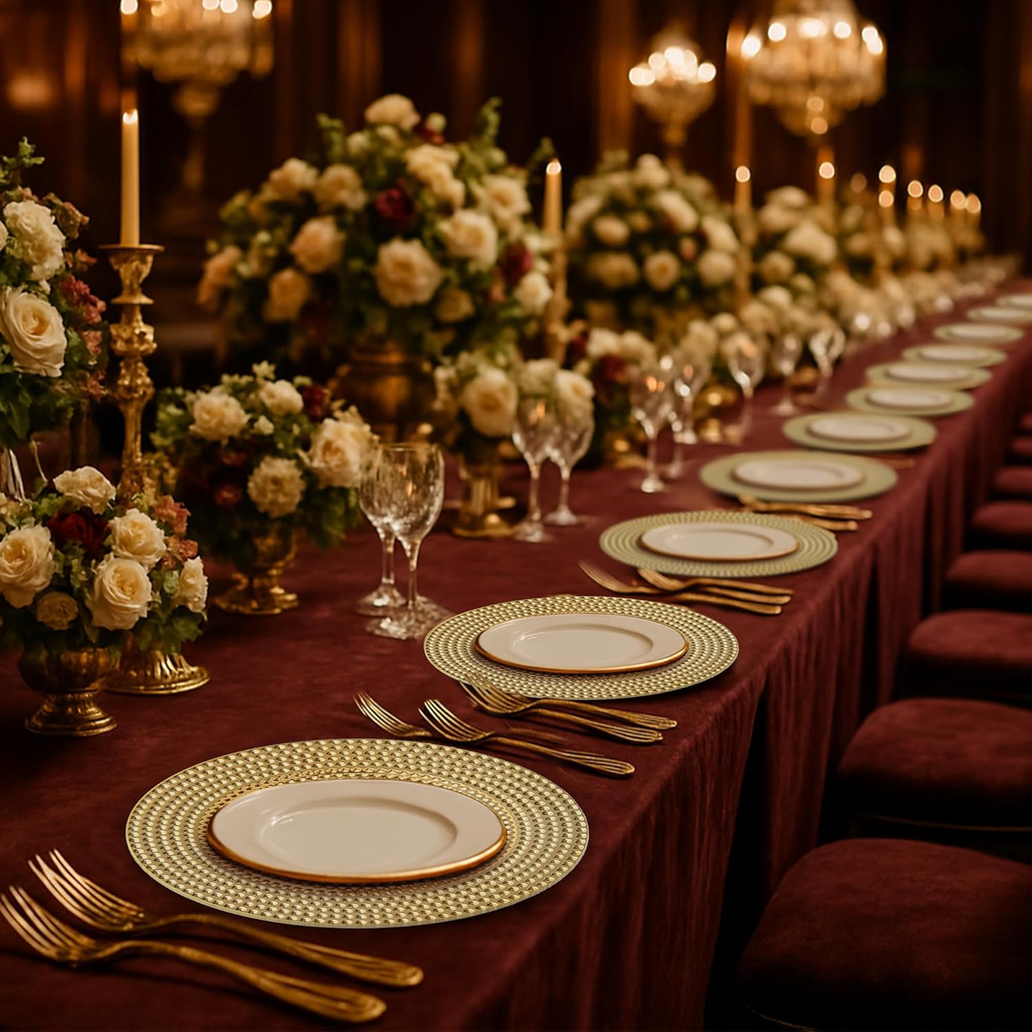 JEVERGN 24 Pack Gold Charger Plates, 13" Hammered Chargers for Dinner Plates, Gold Plate Chargers Set of 24, Round Plastic Charger for Wedding, Party Event, Dinner, Table Setting