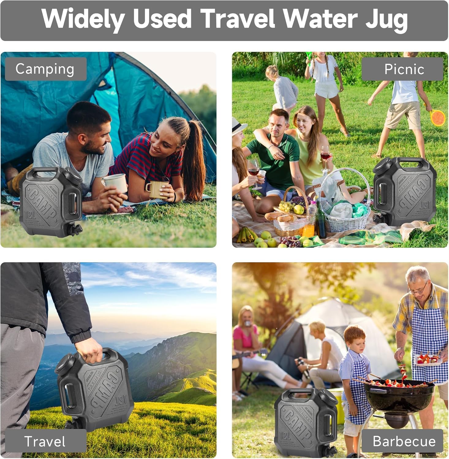 Starnearby Tanica per Acqua con Rubinetto, Serbatoio per Acqua Potabile Addensato, Contenitore per l'acqua da Campeggio, Bidone per l'acqua con Rubinetto con Tubo di Prolunga (12L Nero)