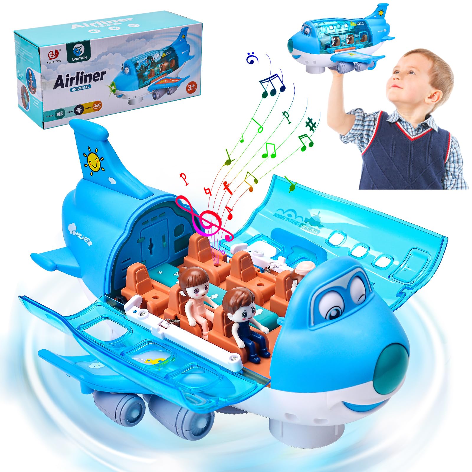 xinrongda Electronic Plane Toy with Flashing Lights Music, 360° Rotating Electric Airplane Toy, Boys Toy Gifts for 2 3 4 5 6 Year Olds (Blue)