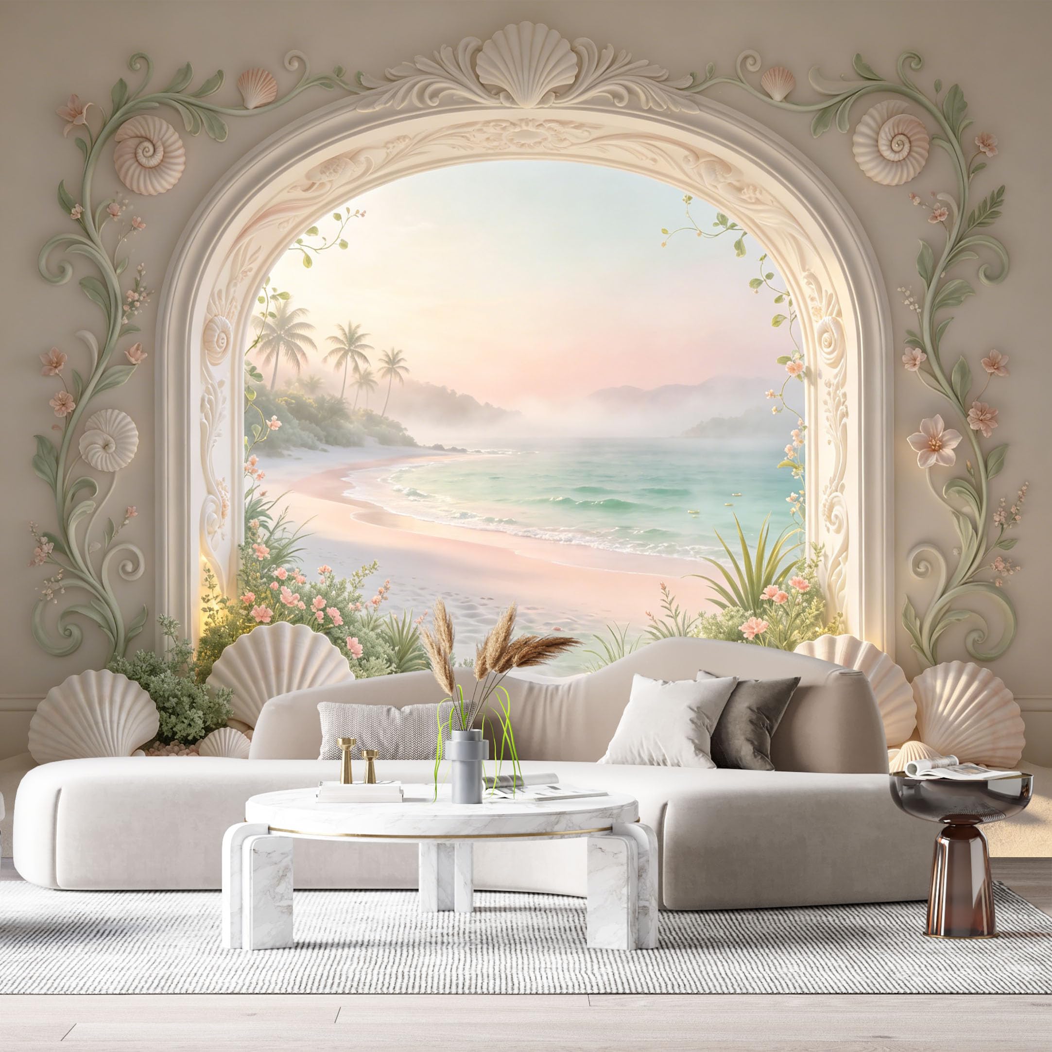 Custom Size Wall Murals Coastal Beach Tropical Palm Tree Ocean View 3D Trompe L'Oeil SelfAdhesiveWall Fabric Removable Wallpaper Wall Decor for Living Room Bedroom Bathroom