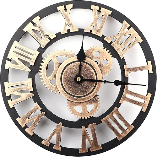 Reloj de pared, 11.8 in, reloj de pared rústico 3D, reloj colgante industrial retro, engranaje grande, decoración vintage de madera para sala de
